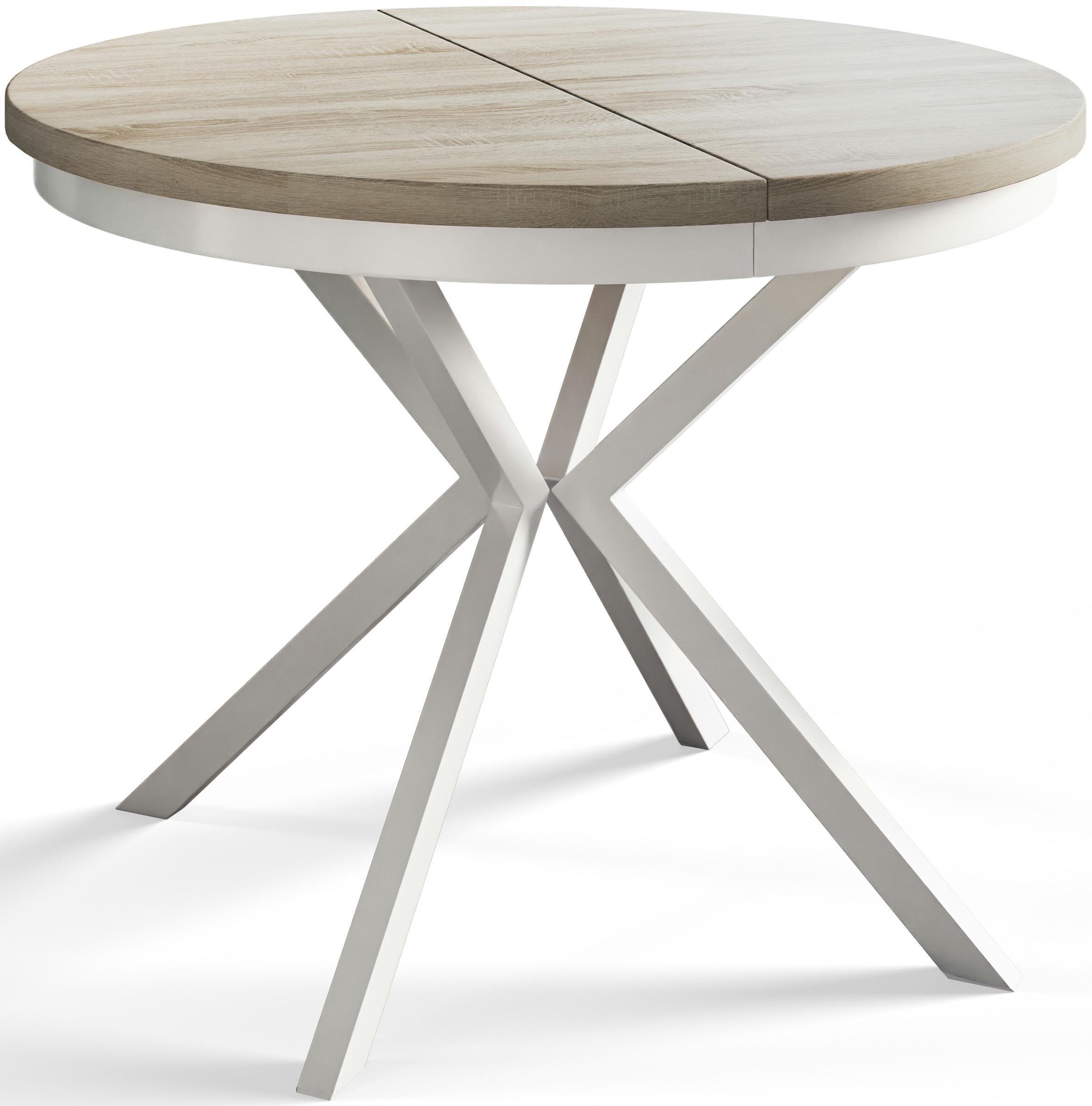 RUNDER Esszimmertisch BERGO, ausziehbarer Tisch Durchmesser: 90 cm/170 cm, Wohnzimmertisch Farbe: Beige, mit Metallbeinen in Farbe Weiß - Weiß/Sonoma Eiche, Holzwerkstoff (90/90/76cm) - Alpi-Möbel