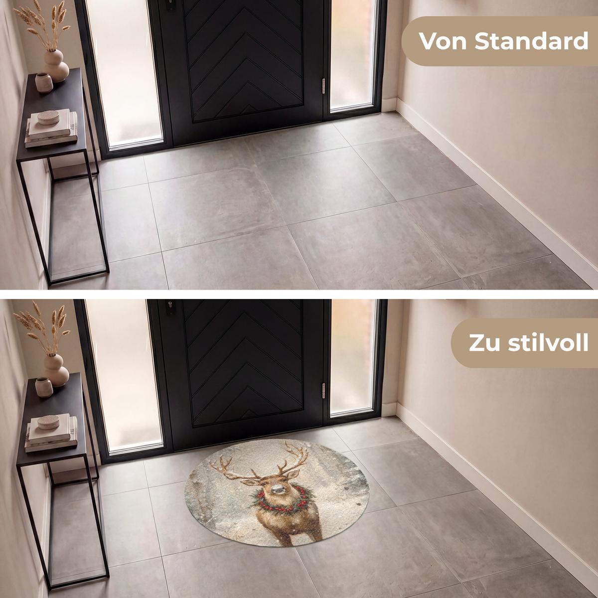 FUSSMATTE Weihnachten - Rentier - Winter - Kranz Flurteppich 90x90 cm - Braun, Kunststoff (90/0.4cm) - MuchoWow