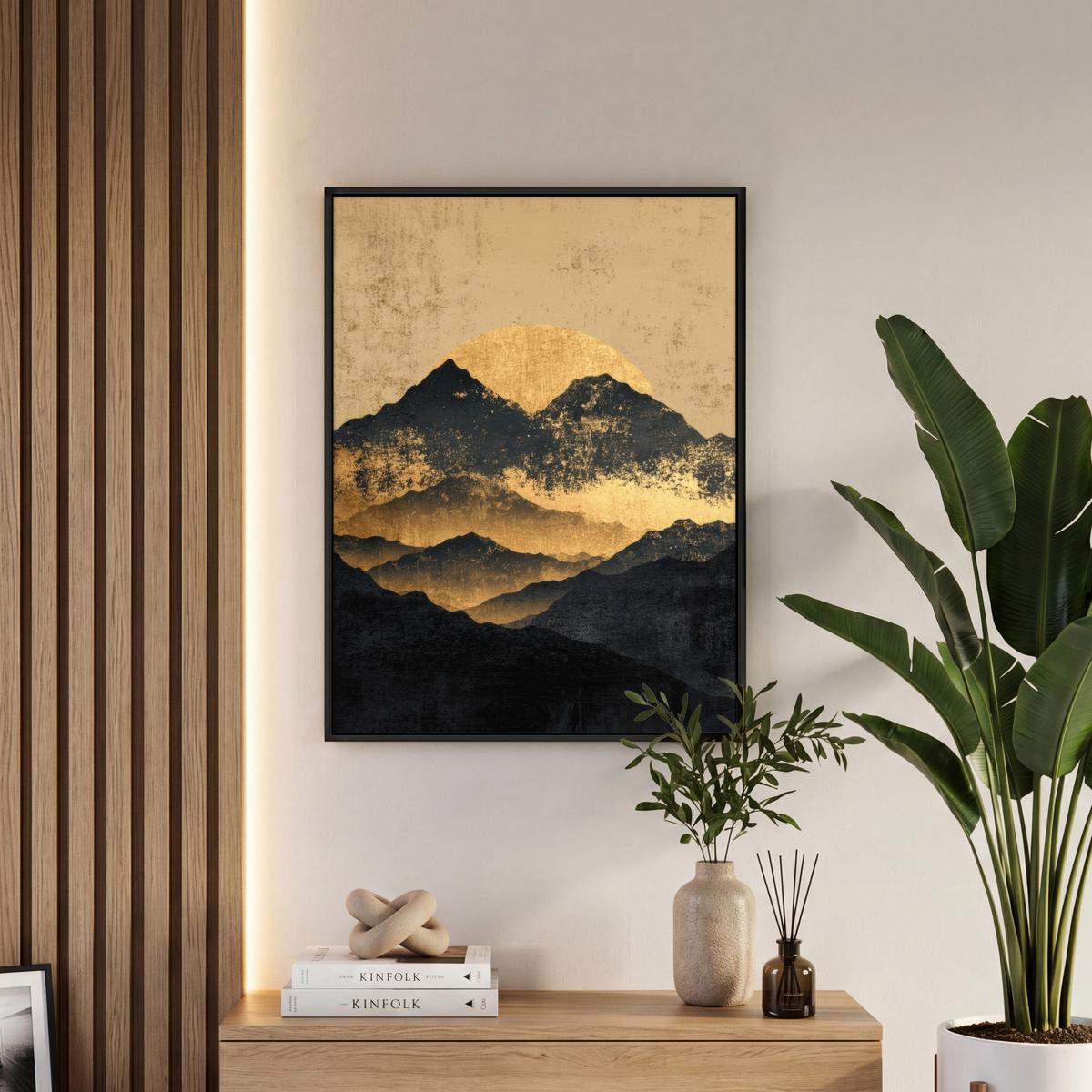 LEINWAND Bilder mit Rahmen - Goldene Berge bei Mondschein - 60x80 - Goldfarben, Textil (60/80cm) - MuchoWow
