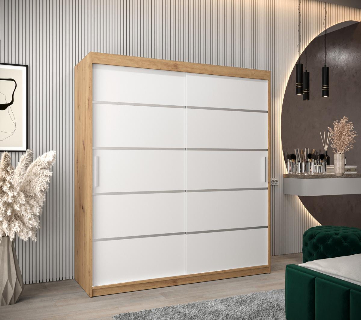 SCHWEBETÜRENSCHRANK 200/180/62 2-türig - Silberfarben/Weiß, Holz/Kunststoff (180/200/62cm) - MÖBEL KRYSPOL