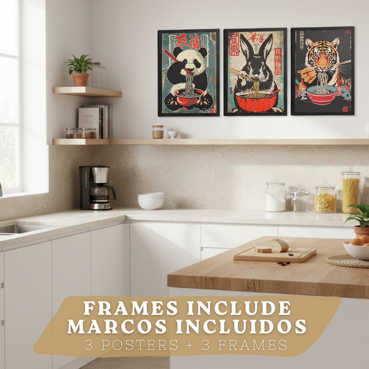 POSTER 3er Set Japanische Ramen Tier-Wandbilder Panda Tiger und Hase Nudeln Vintage Küche Wanddeko Schwarzer Rahmen A3 - Schwarz, Papier (29.7/1/42cm) - Nacnic