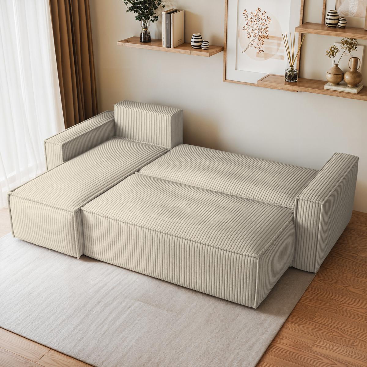 ECKSOFA RAVELO P Creme Kordstoff mit Schlaffunktion - Creme/Grau, Holz/Kunststoff (240/140cm) - MASSENO