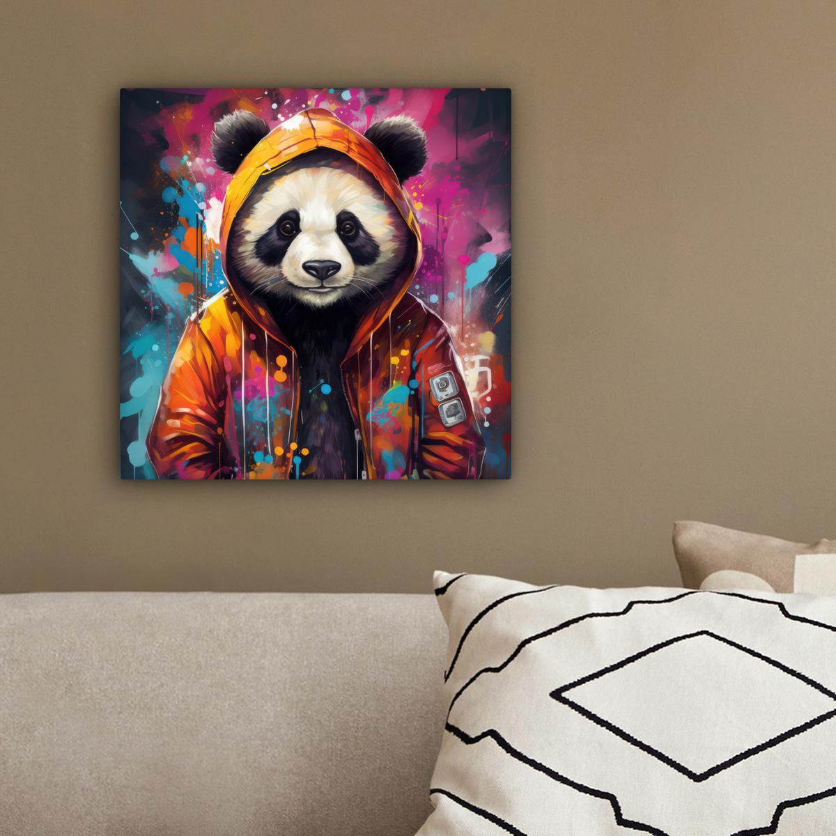 LEINWANDBILD Panda - Jacke - Graffiti - Orange Deko Wohnzimmer 20x20 cm - Orange, Textil (20/20cm) - MuchoWow