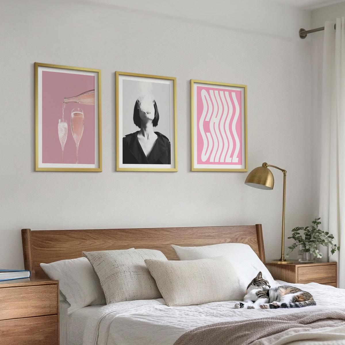 BILDER SET 3er Set - 40x60 cm Goldrahmen - Stilvolles Porträt, Champagner-Entspannung - Goldfarben, Kunststoff (40/60cm) - TULUP