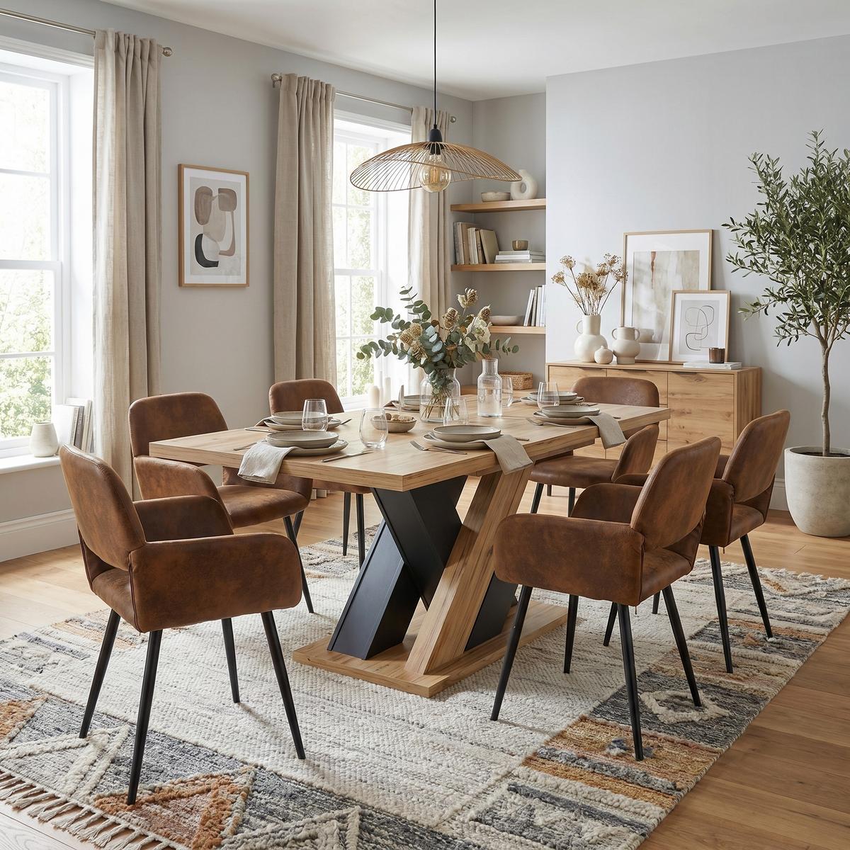 ESSTISCH-SET 1+6, ausziehbarer Tisch mit 6 Esszimmerstühlen - Eichefarben/Schwarz, Holzwerkstoff (119/75/80cm) - Urban Meuble