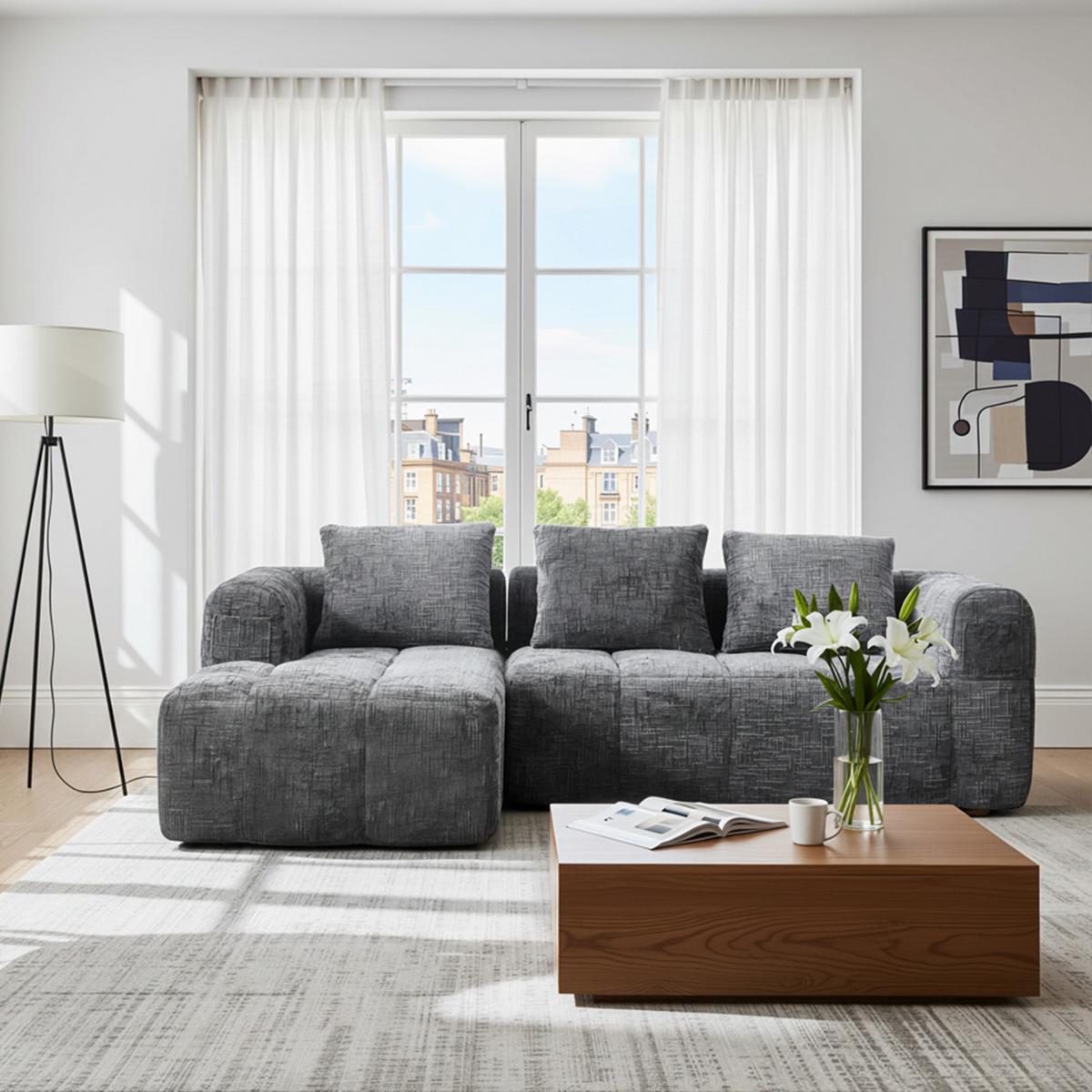 ECKSOFA chenille L-form mit chaiselongue & 3 kissen - Grau, Textil (250/158cm) - Urban Meuble
