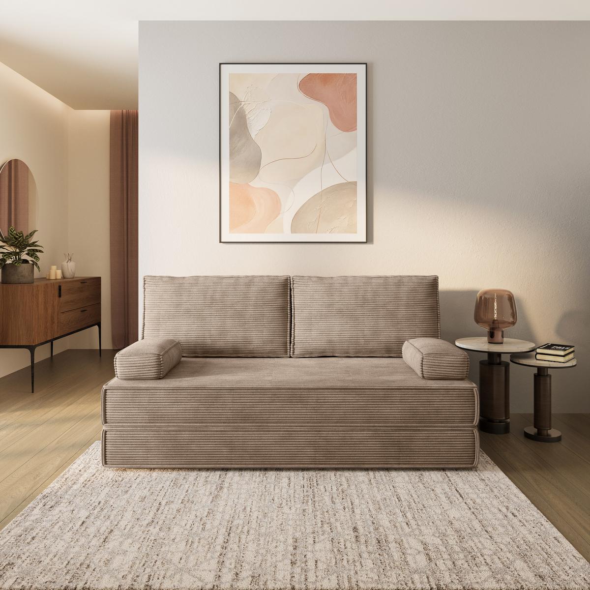 BETTSOFA SILAR aus Schaumstoff Cordstoff Beige Schlaffunktion - Beige, Textil (170/86/80cm) - MASSENO