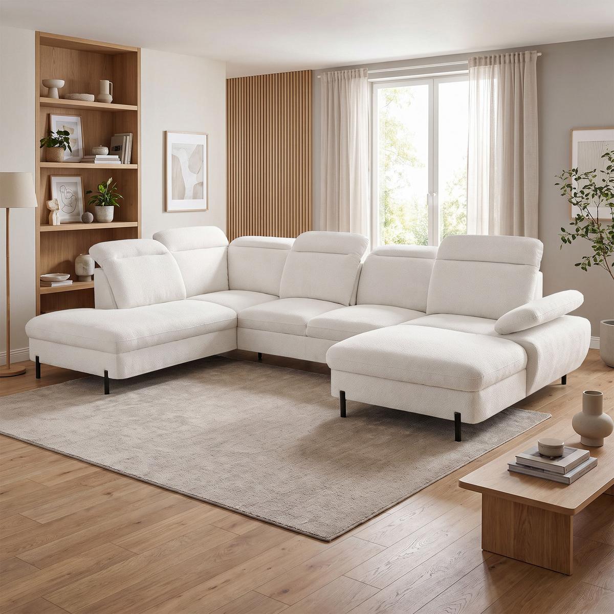 WOHNLANDSCHAFT Sora U mit Schlaffunktion und verstellbarer Sitztiefe, Kopfstützen und Armlehne, 365 cm, Hellbeige, Rechts - Beige/Schwarz, Textil (365/107/235cm) - Beautysofa