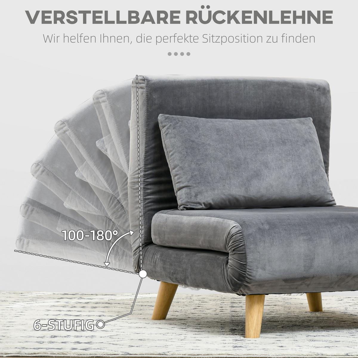 SCHLAFSESSEL, Klappsessel mit Bettfunktion, Schlafsofa mit Kissen, Samt, Grau - Naturfarben/Grau, Holz/Textil (78/79/72cm) - HOMCOM