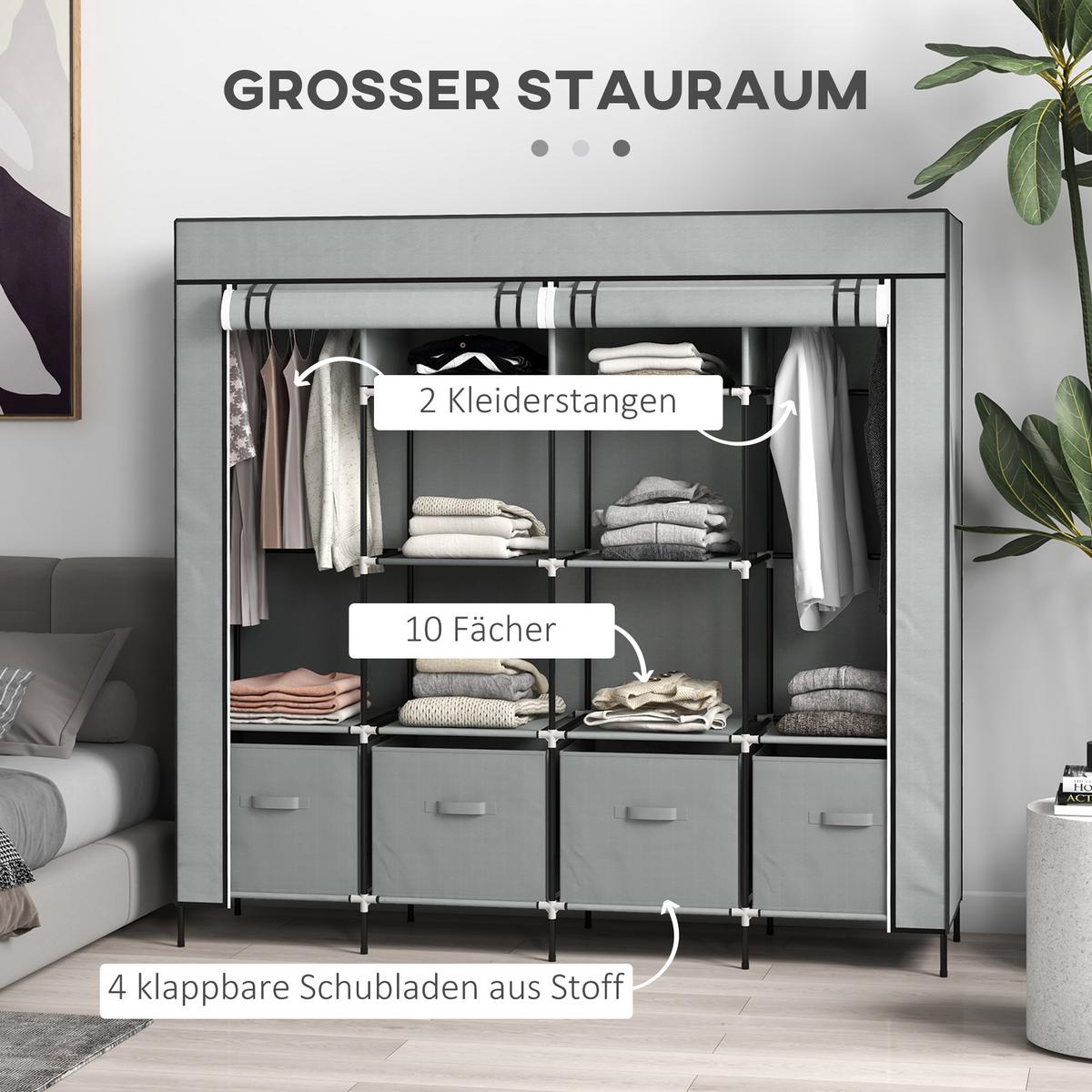 STOFFSCHRANK Kleiderschrank mit Kleiderstange, 10 Fächern, 4 Schubladen - Dunkelgrau, Textil/Metall (42.5/169.5/166cm) - HOMCOM