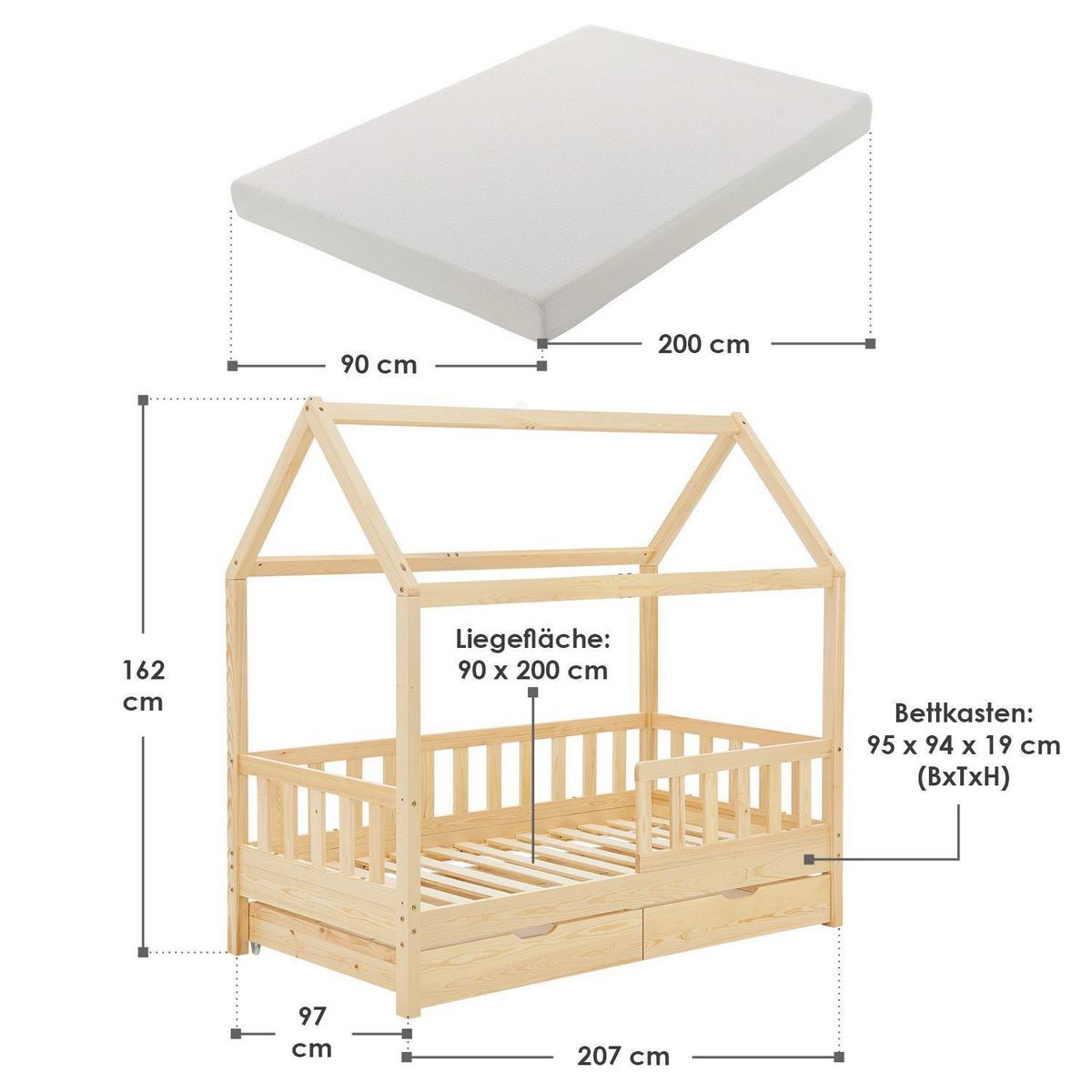 KINDERBETT Marli mit Matratze und Bettkasten natur 90x200 cm - Naturfarben, Holz (90/200cm) - Juskys