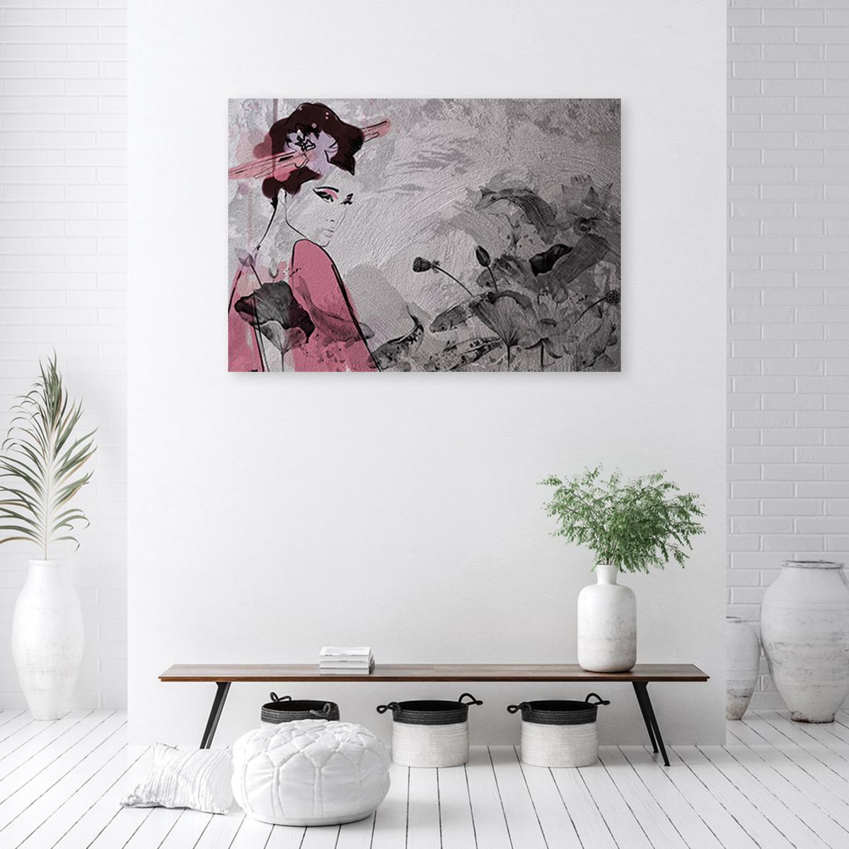 BILD AUF LEINWAND Japanische Geisha 100x70cm - Rosa, Textil (100/70cm) - Feeby