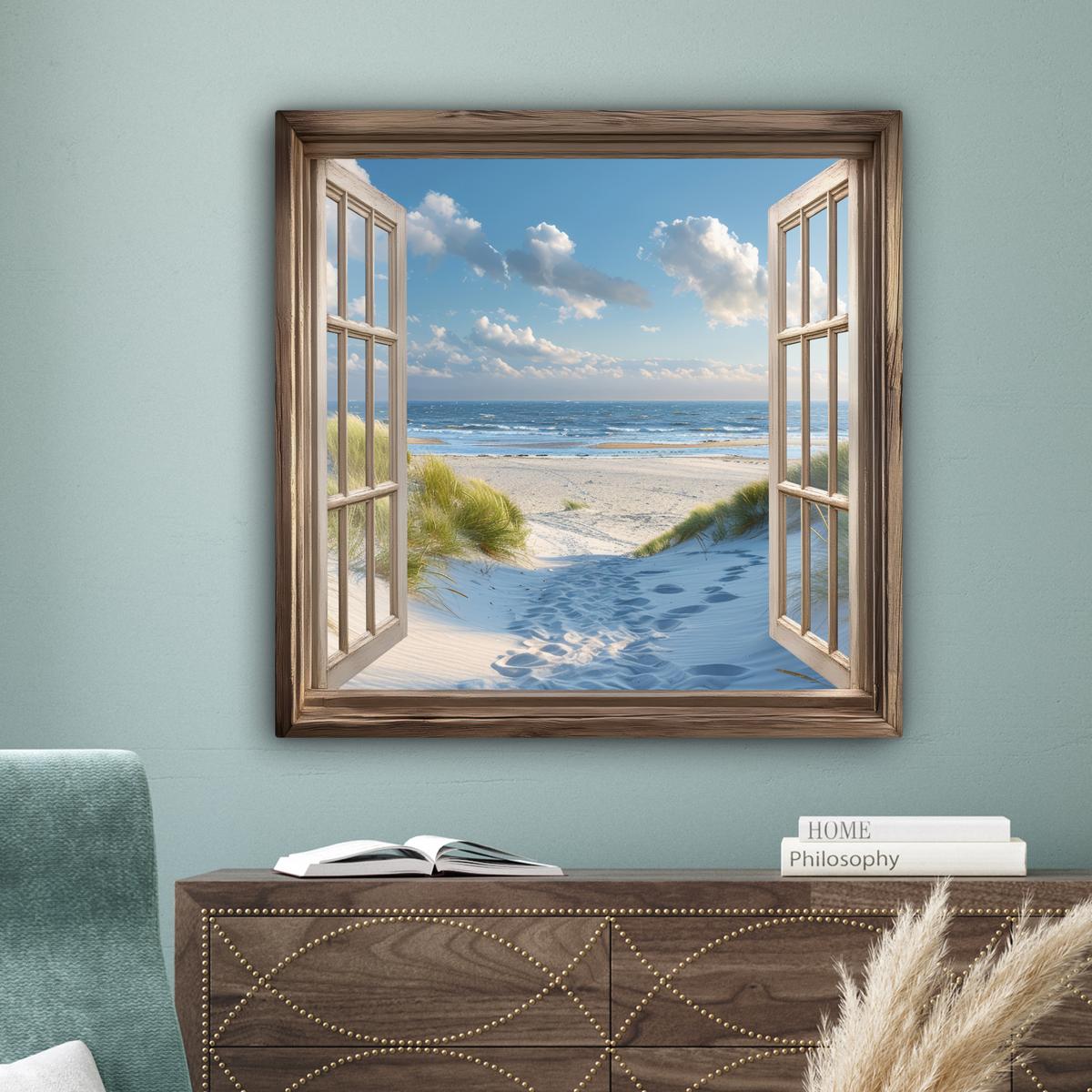 LEINWANDBILD Aussicht - Strand - Fenster - Dünen - Meer Deko Groß 90x90 cm - Hellblau, Textil (90/90cm) - MuchoWow
