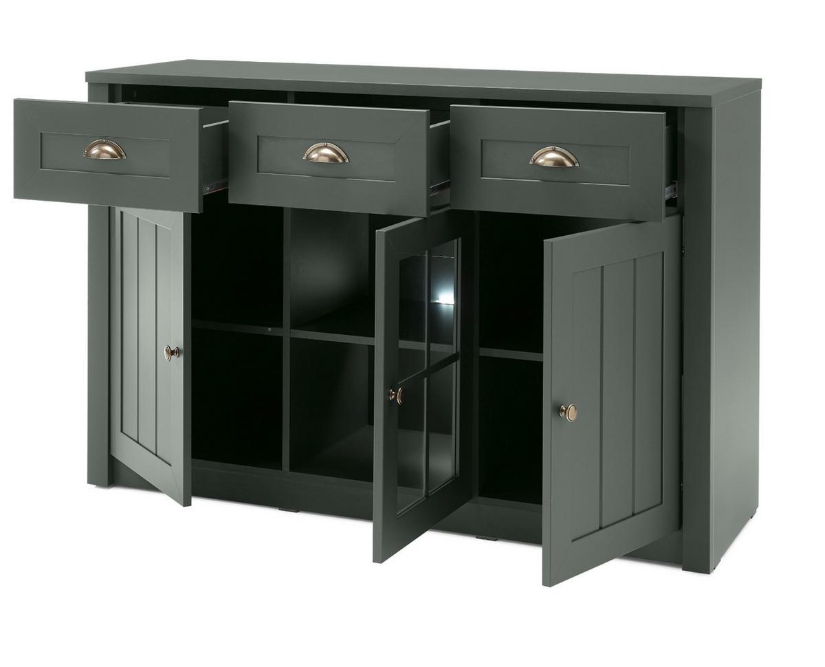 SIDEBOARD grün Landhaus 130 x 86 cm, Kommode mit viel Stauaum - Chromfarben/Schwarz, Glas/Holzwerkstoff (130/86/43cm) - Furn.Design