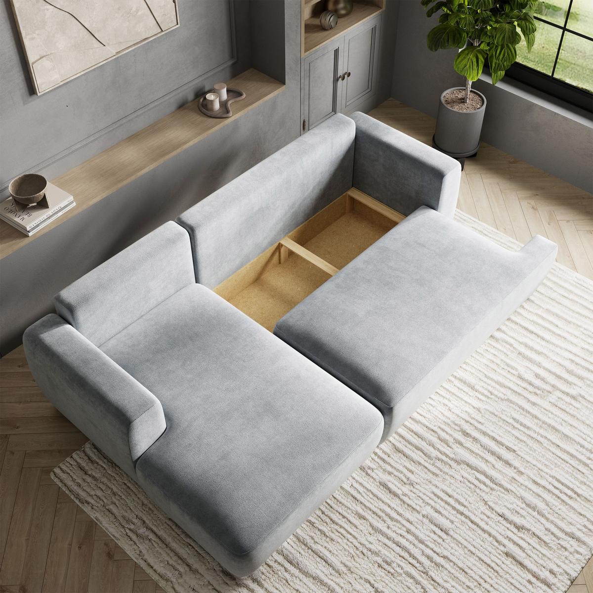 ECKSOFA SENTI K L-S Hellgrau Plüsch-Stoff mit Schlaffunktion - Hellgrau/Schwarz, Holz/Kunststoff (246/148cm) - MASSENO