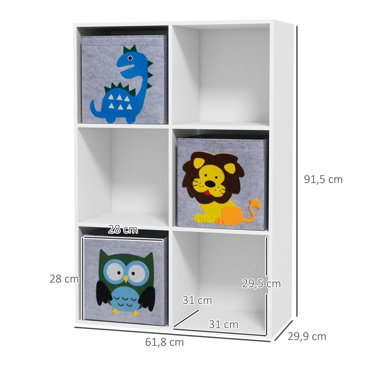 KINDERREGAL Kinder Bücherregal mit 3 Aufbewahrungsboxen für Kinderzimmer Weiß - Weiß, Holzwerkstoff (29.9/91.5/61.8cm) - ZONEKIZ