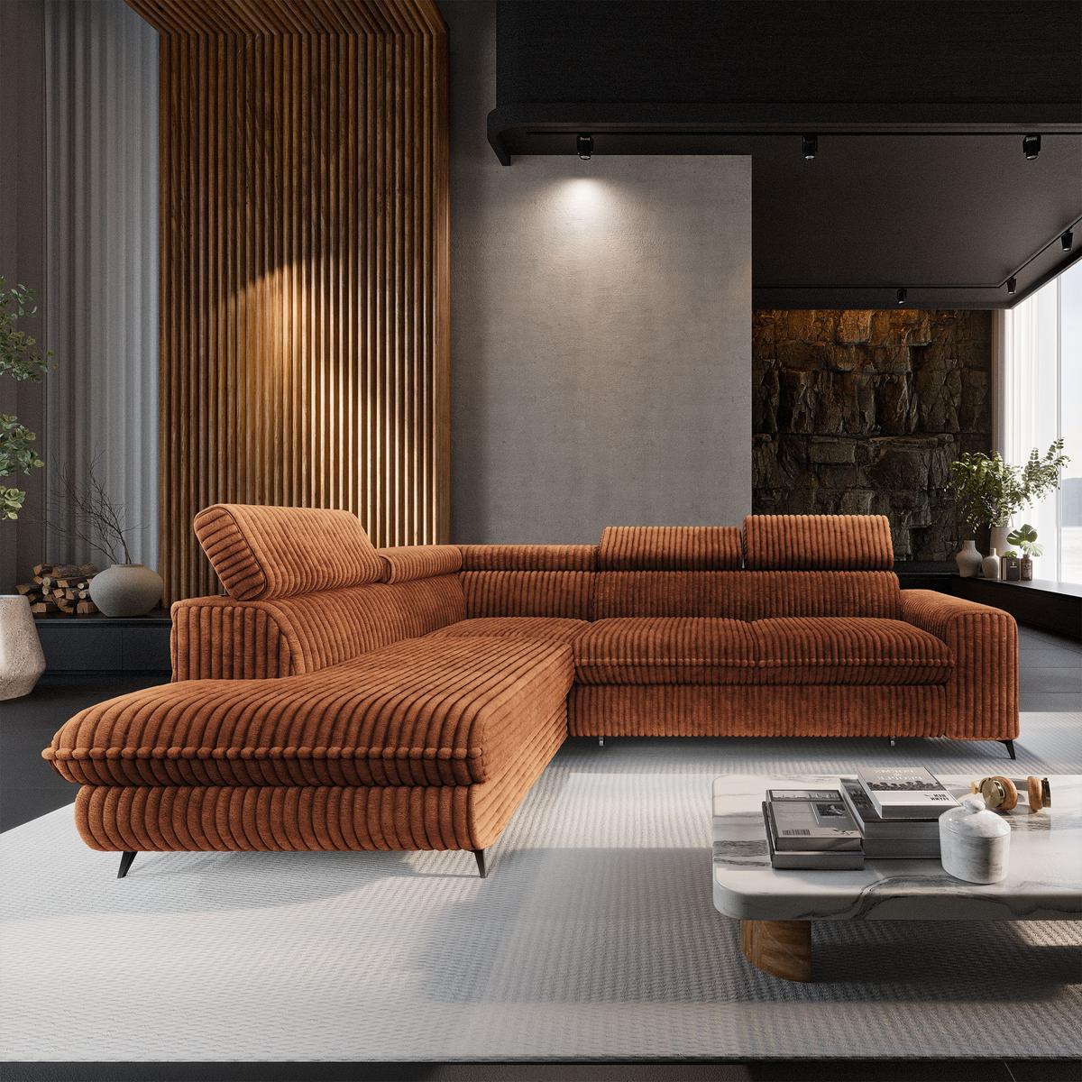 ECKSOFA VELISS Braun Kordstoff mit Schlaffunktion - Braun, Holz (255/193cm) - MASSENO