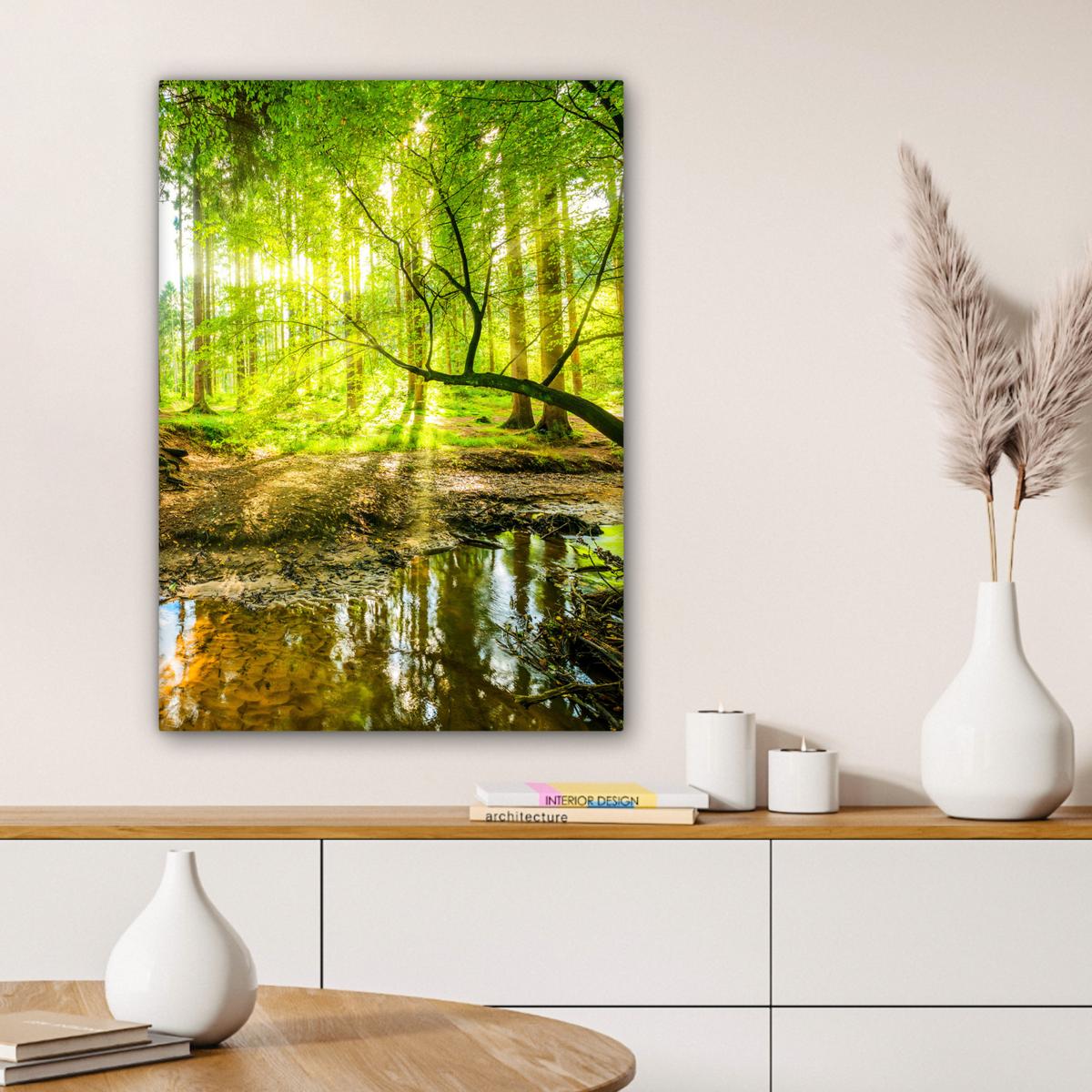 LEINWANDBILD Wald - Landschaft - Wasser - Bäume - Sonne - Grün - Natur Wandbild Wohnzimmer 60x80 cm - Grün, Textil (60/80cm) - MuchoWow