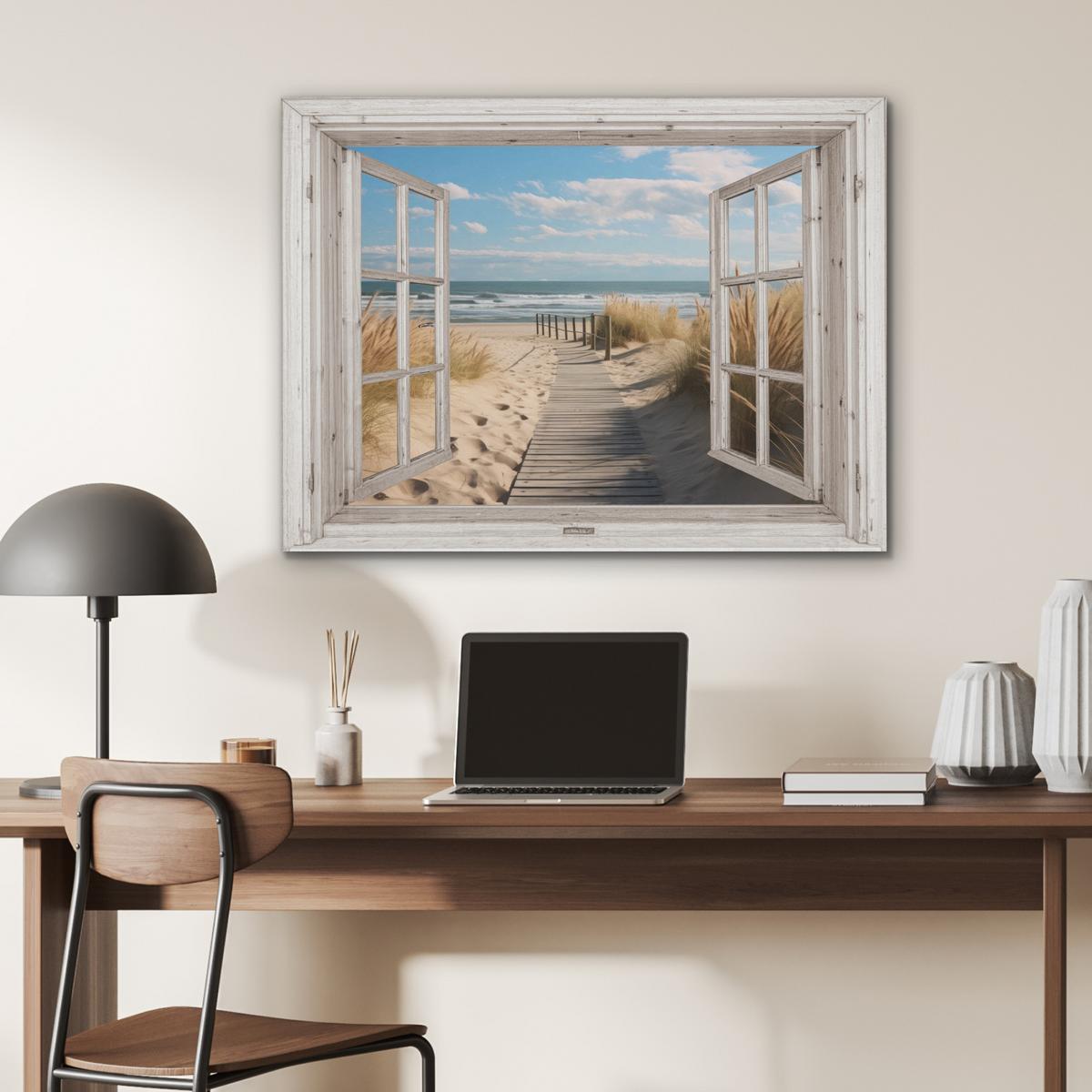 AKUSTIKBILD Fenster - Meer - Küste - Natur - Ausblick - Strand - Wattenmeer Gemälde 80x60 cm - Beige, Kunststoff (80/60/0.9cm) - MuchoWow