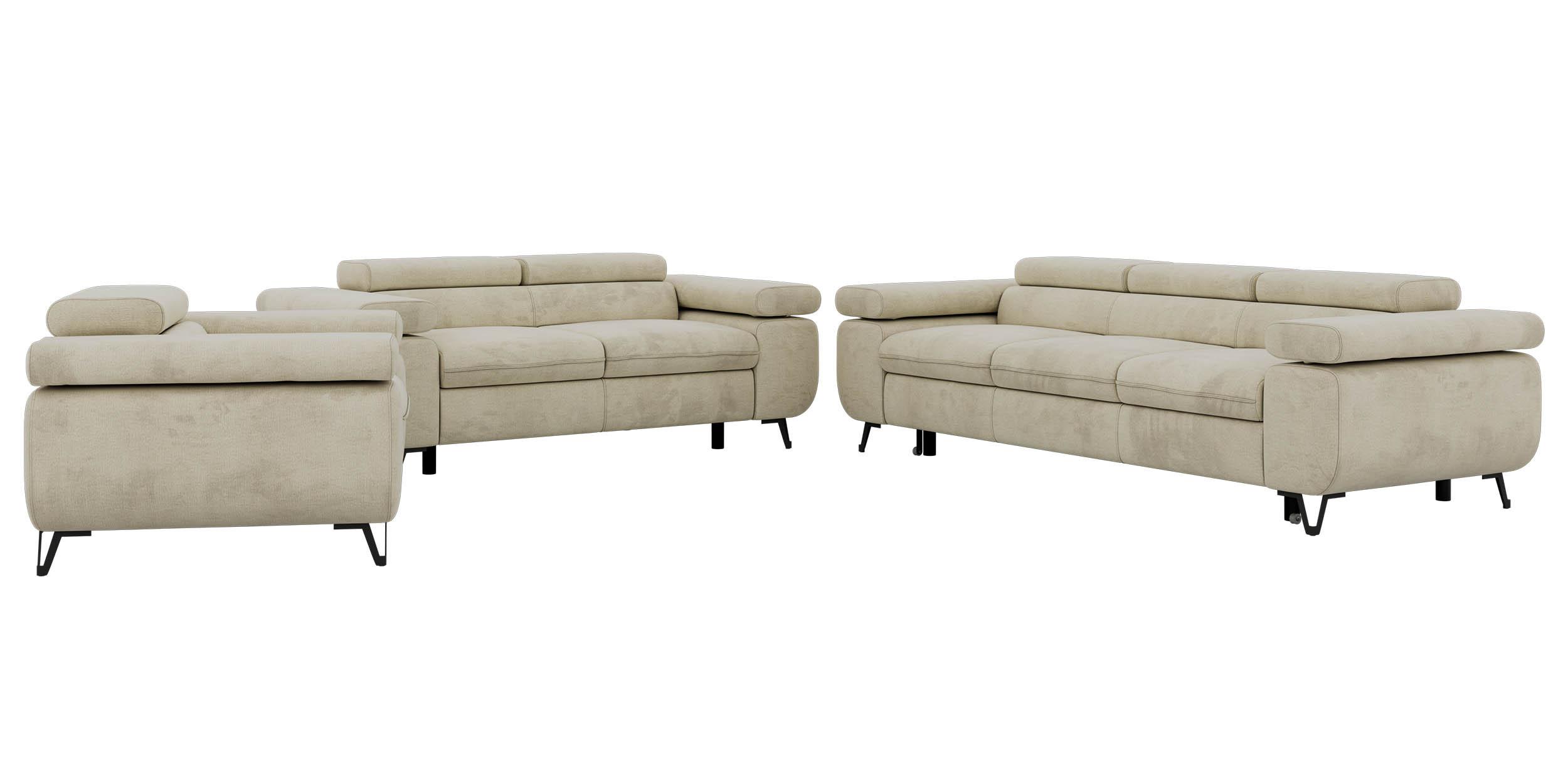 SITZGARNITUR PETER 1+2+3 mit Schlaffunktion - Beige Velvet - Beige/Schwarz, Textil/Metall (262/76/99cm) - MKS