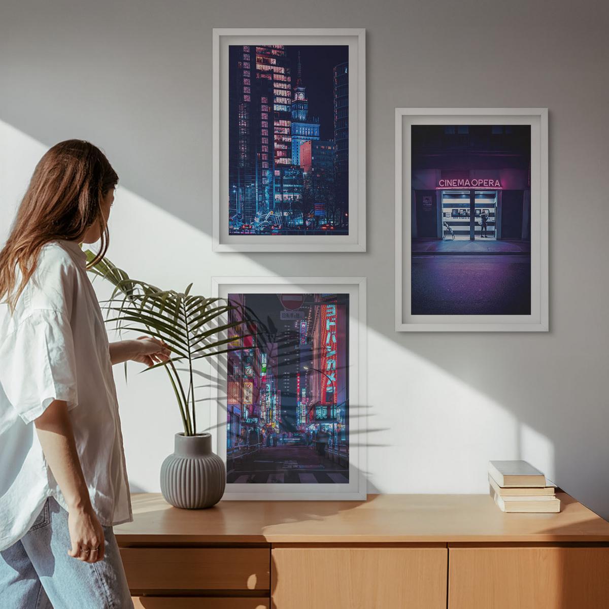 BILDER SET 3er Set - 40x60 cm Weißer Rahmen - Neon-Eingang zur nächtlichen Stadt - Weiß, Kunststoff (40/60cm) - TULUP