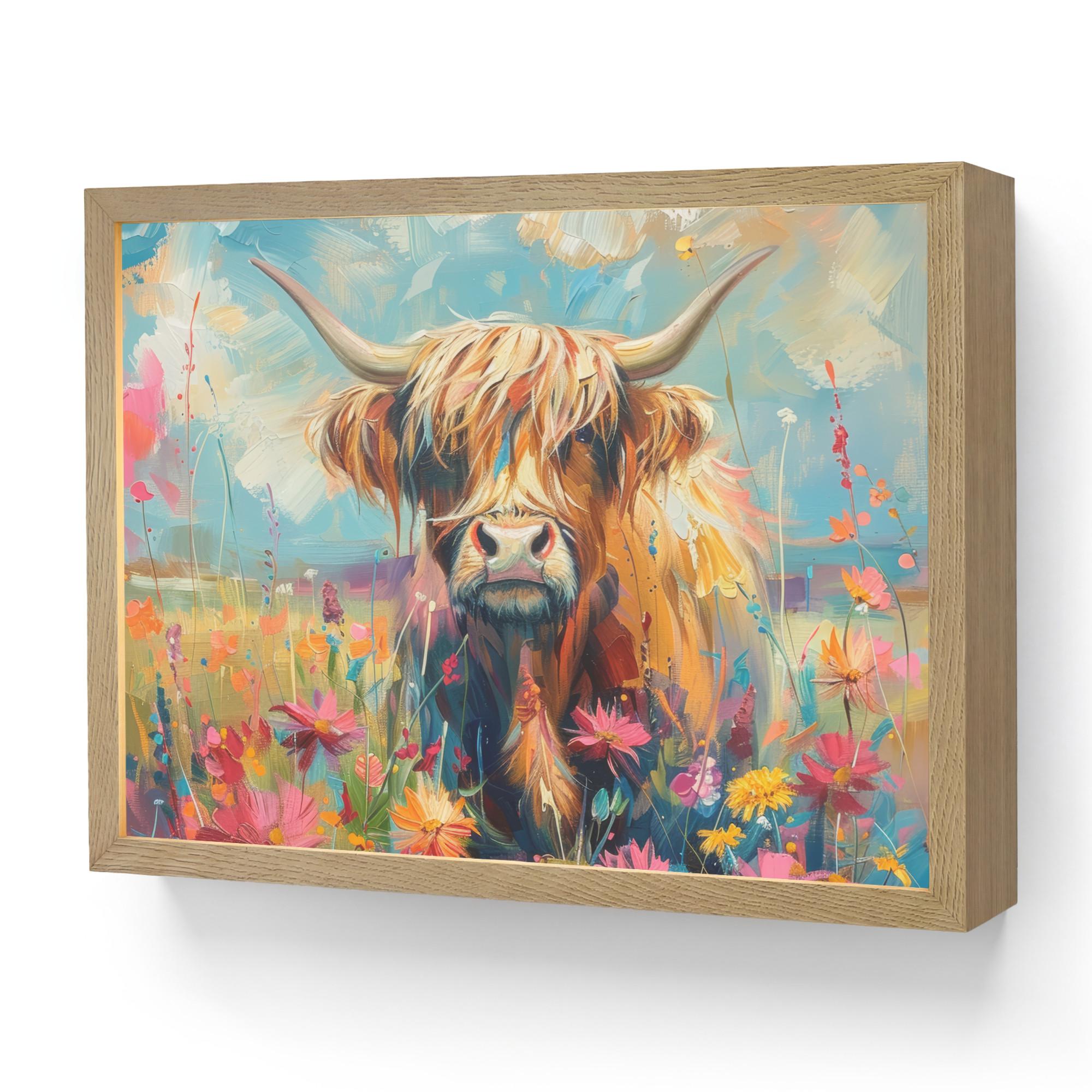 WANDLEUCHTE MIT AKKU Schottische Hochländer - Natur - Farbenfroh - Blumen 40x30 cm - Multicolor, Holzwerkstoff (40/30/8cm) - OnlyWow