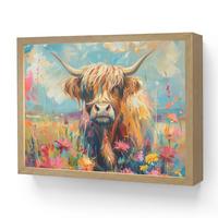 WANDLEUCHTE MIT AKKU Schottische Hochländer - Natur - Farbenfroh - Blumen 40x30 cm - Multicolor, Holzwerkstoff (40/30/8cm) - OnlyWow