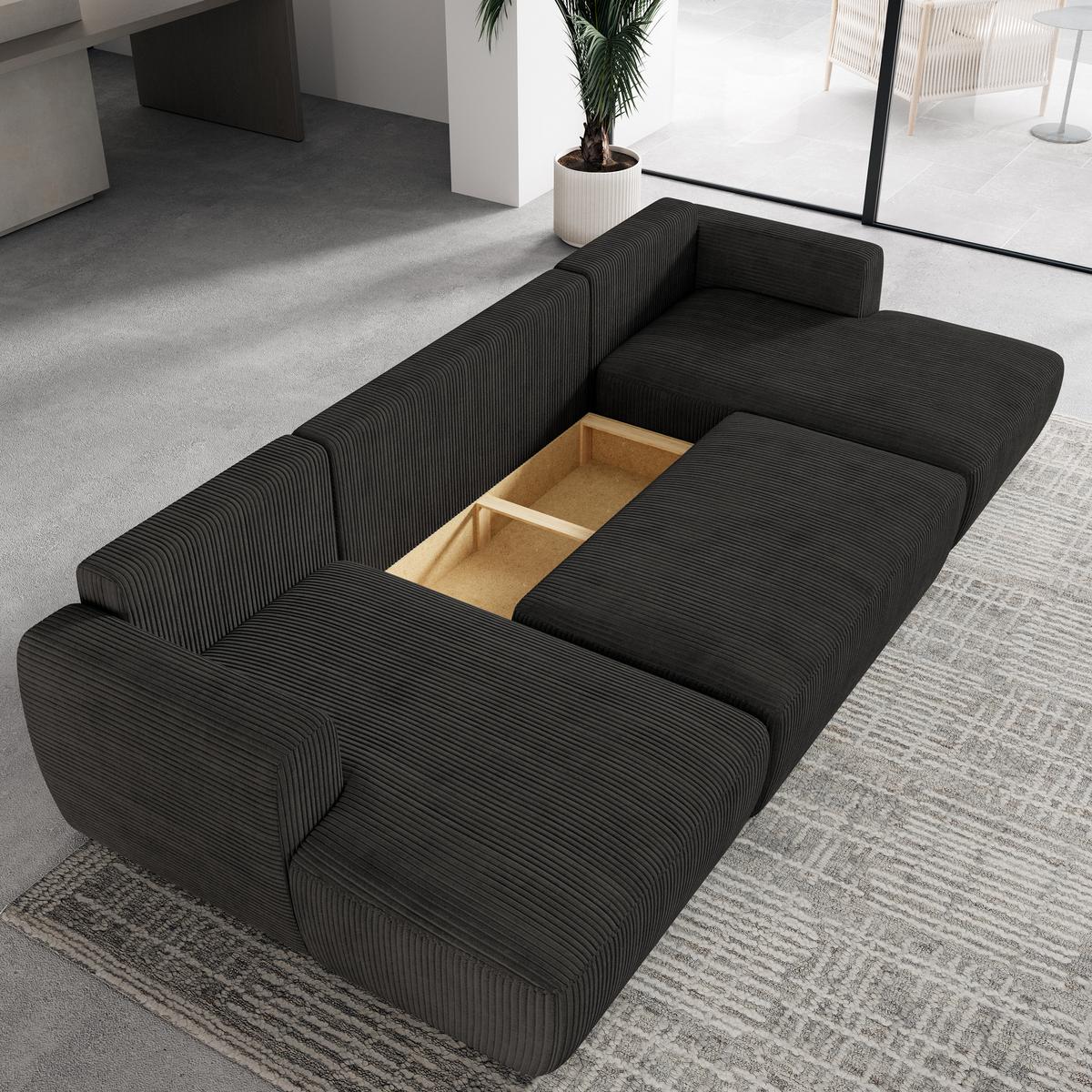 WOHNLANDSCHAFT SENTUM P Schwarz Kordstoff mit Schlaffunktion - Schwarz, Holz/Kunststoff (330/90/148cm) - MASSENO