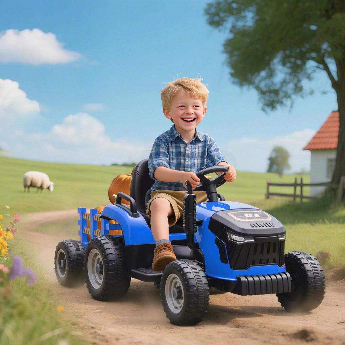 KINDER-ELEKTROTRAKTOR 3-Gang mit Anhänger, 2 Motor, für 3-8 Jahre, Blau - Blau, Metall (139/58/55cm) - AIYAPLAY