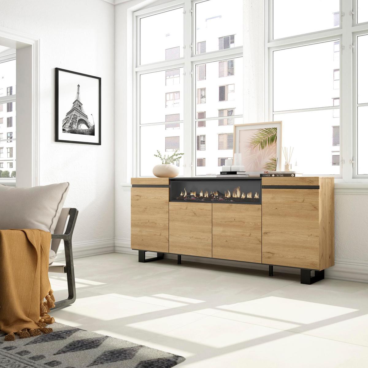 SIDEBOARD mit Elektrokamin, eiche, schwarz, 200/35/87cm - Beige/Multicolor, Holzwerkstoff (200/87/35cm) - Skraut Home