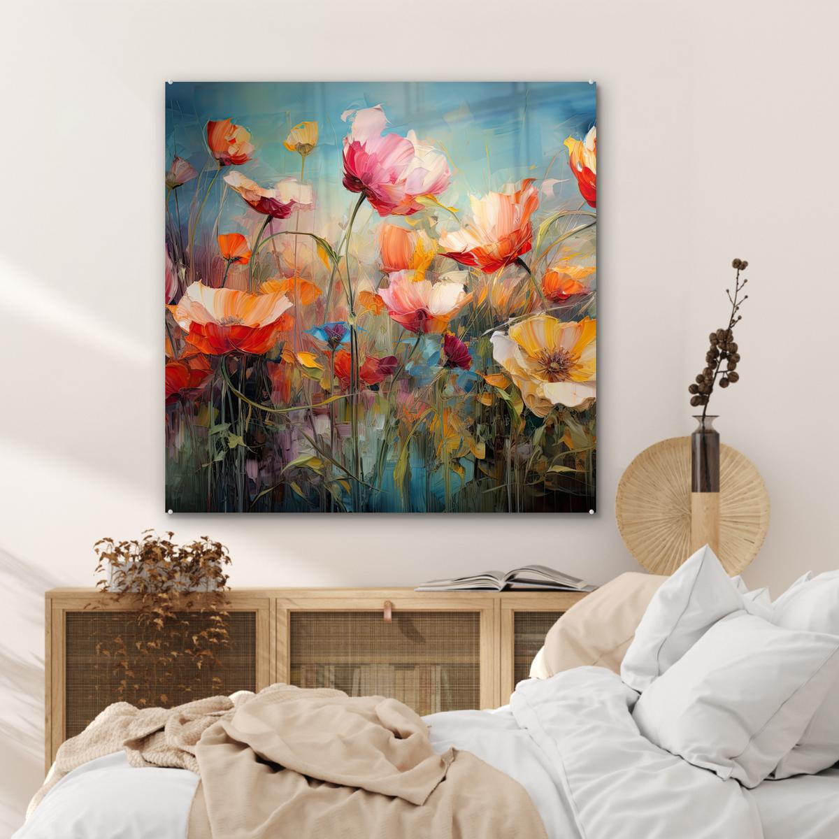 ACRYLGLASBILD Blumen - Aquarell - Kunst - Botanisch - Natur 90x90 cm - Orange, Glas (90/90cm) - MuchoWow