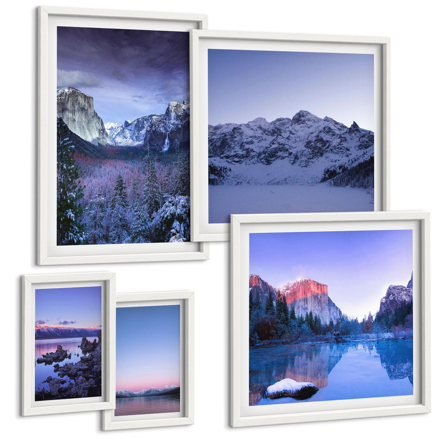 BILDER SET 5er Set - 50x50 cm & 20x30 cm & 40x60 cm Weißer Rahmen - Berglandschaften, Sonnenuntergang, Wasser - Weiß, Kunststoff (40/60cm) - TULUP
