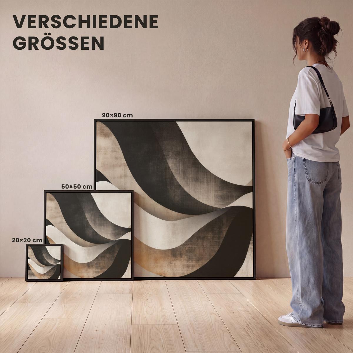 LEINWAND Bilder mit Rahmen - Abstrakt - Wellen - Schwarz - Verwittert - 50x50 - Trüffeleichefarben, Textil (50/50cm) - MuchoWow
