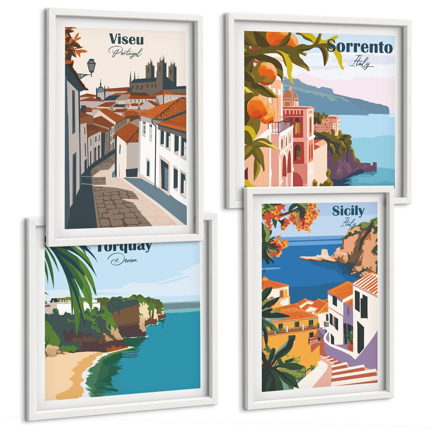 BILDER SET 4er Set - 50x50 cm & 40x60 cm Weißer Rahmen - Retro-Illustrationen von Weltstädten - Weiß, Kunststoff (50/50cm) - TULUP