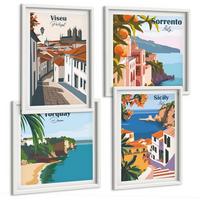 BILDER SET 4er Set - 50x50 cm & 40x60 cm Weißer Rahmen - Retro-Illustrationen von Weltstädten - Weiß, Kunststoff (50/50cm) - TULUP