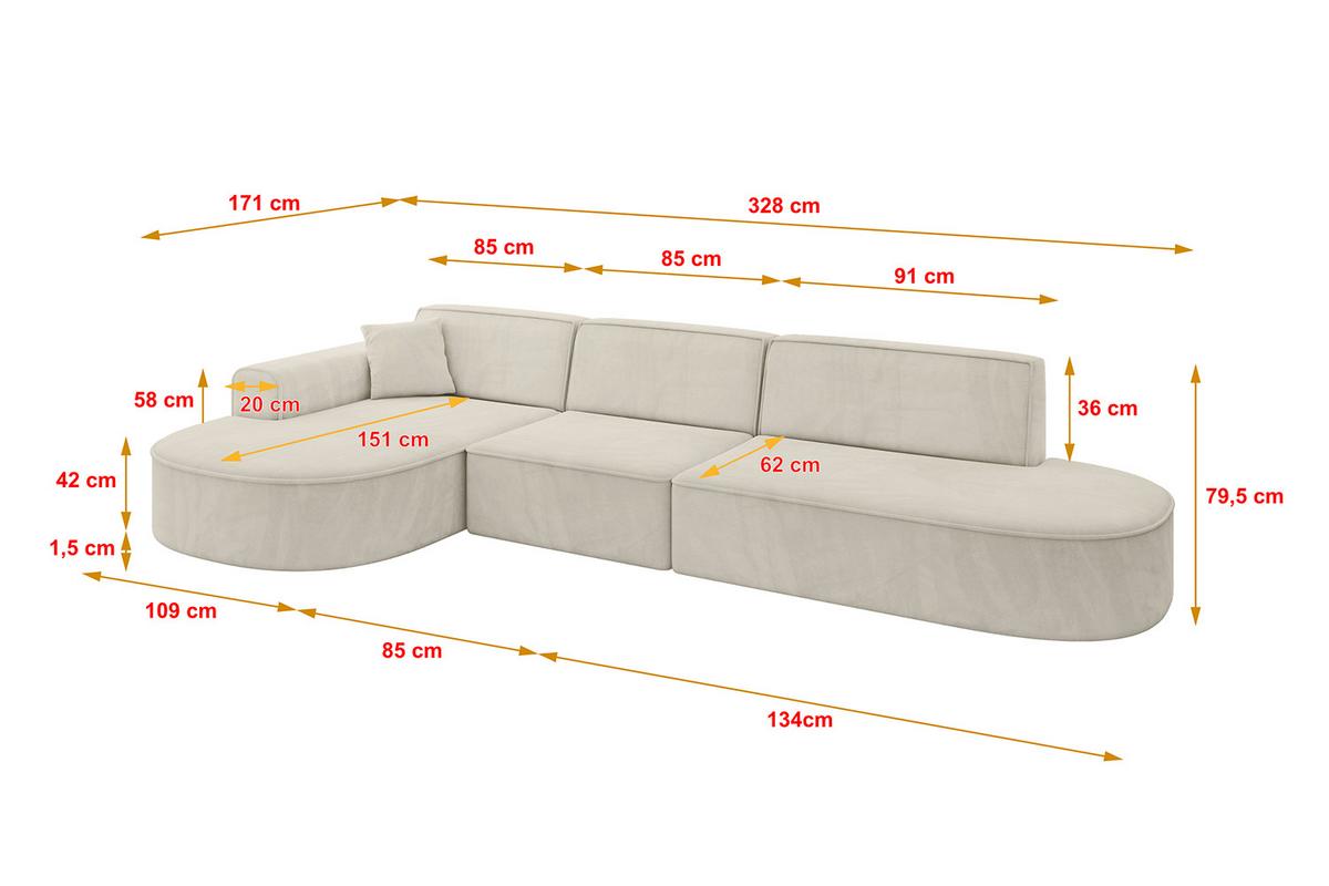 ECKSOFA Ottomane Links MARI-L2 - 328x171x79 cm Ecru Velours - Ecru/Schwarz, Holzwerkstoff/Kunststoff (328/171cm) - ALTDECOR