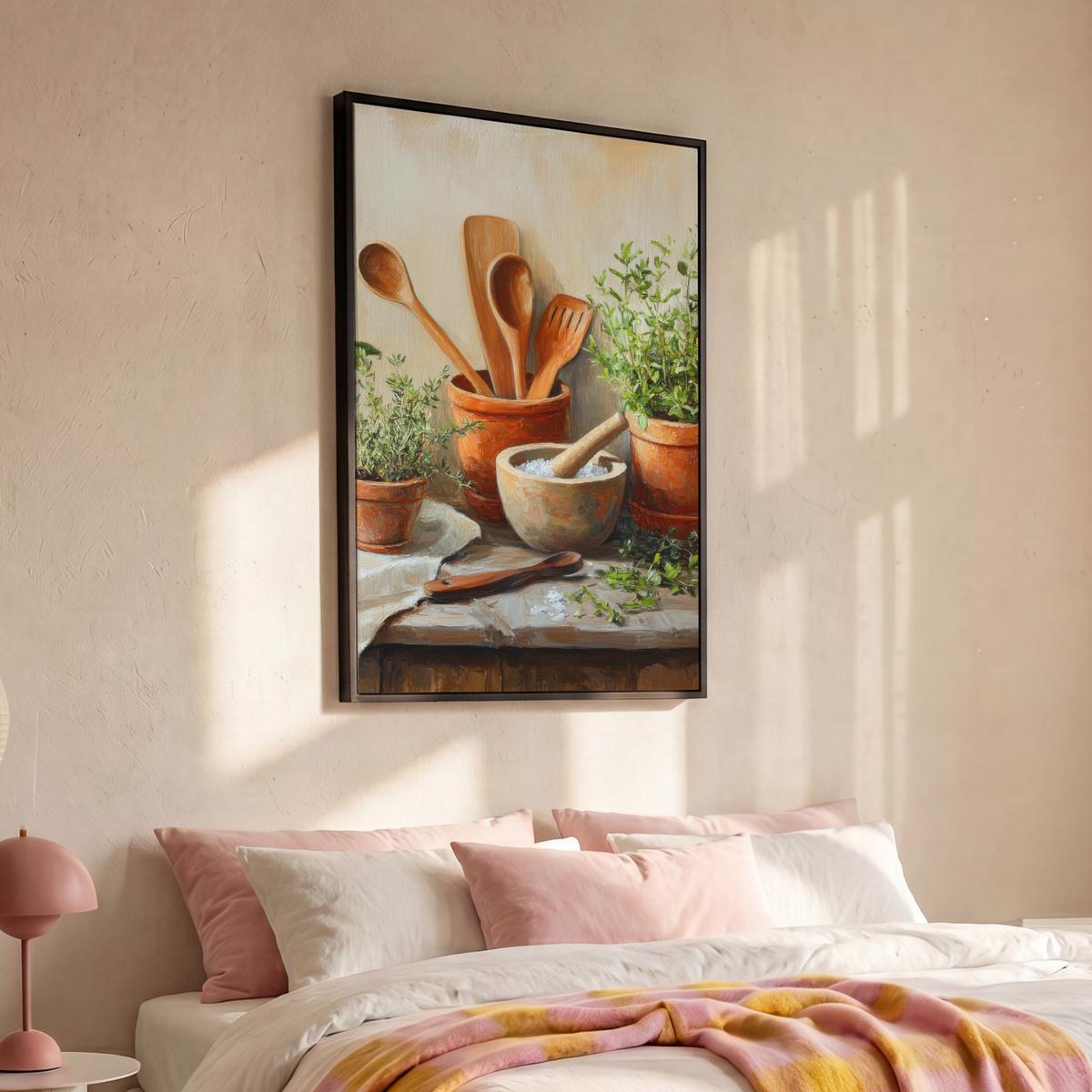 LEINWAND Bilder mit Rahmen - Töpfe - Kräuter - Holz - 90x140 - Terracotta, Textil (90/140cm) - MuchoWow