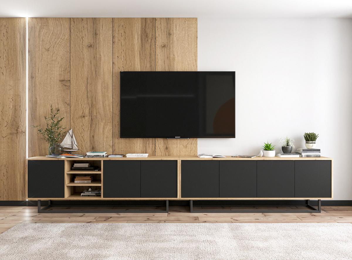 TV-SCHRANK 2-er Set Apollo Eiche wotan Schwarz Matt 150 cm - Schwarz, Holzwerkstoff/Metall (300/53/35cm) - Meble Lindner