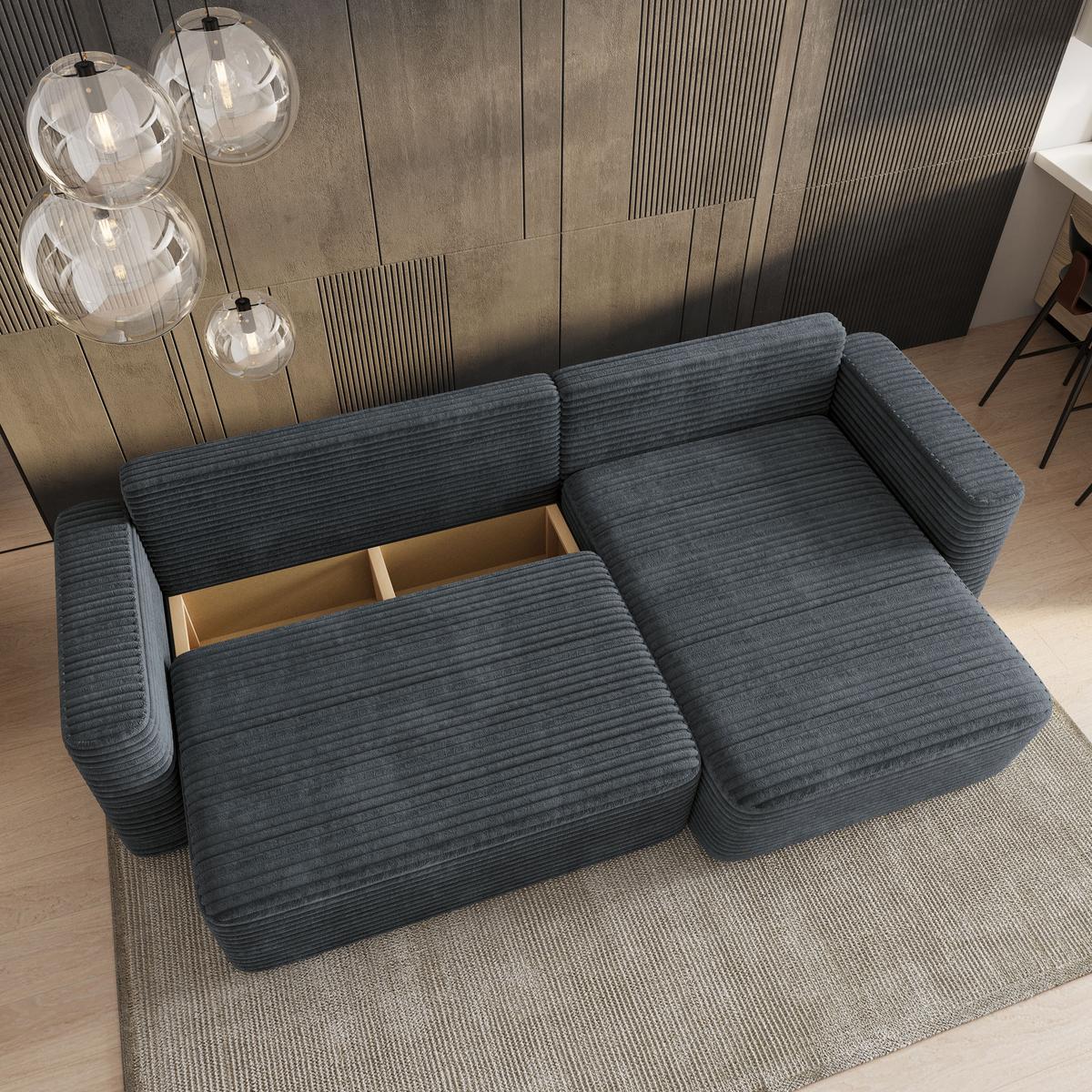 ECKSOFA TELIN Grau Kordstoff mit Schlaffunktion - Grau, Holz (280/162cm) - MASSENO