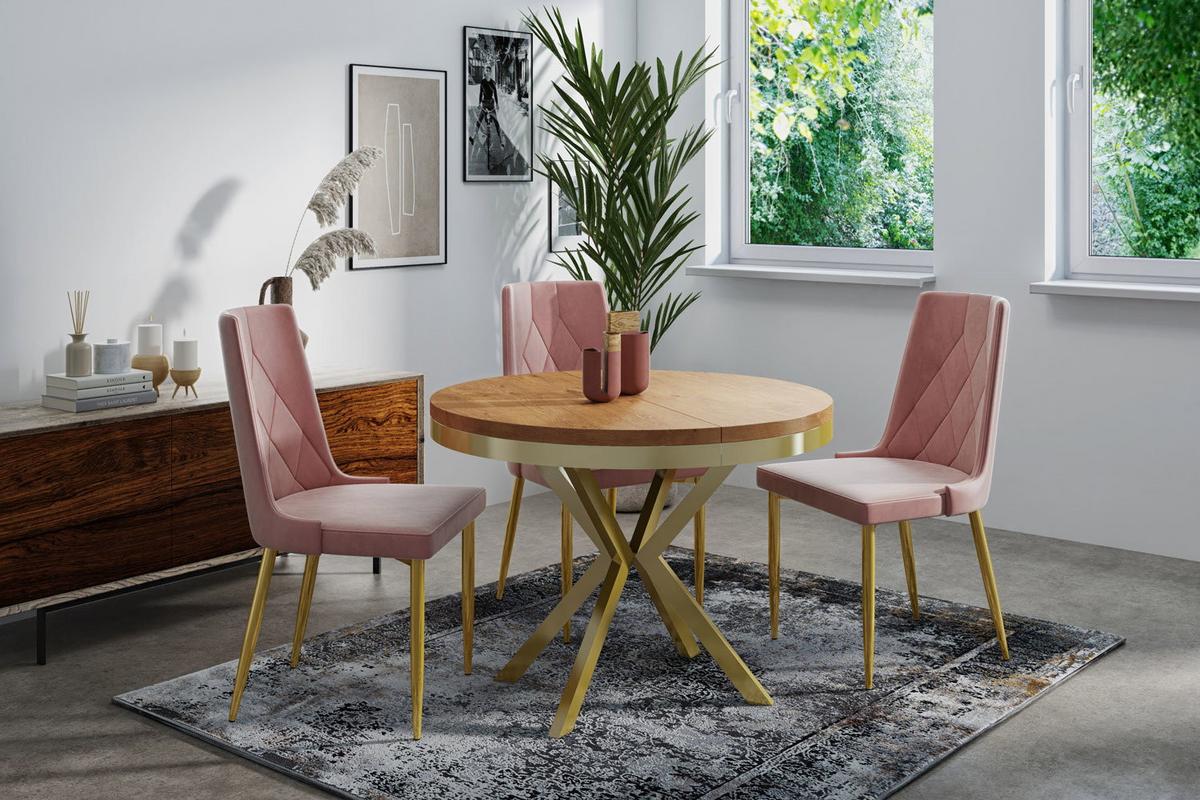 ESSTISCH Dina runder ausziehbarer, Lancelot Eiche 120-200/100/76 cm - Eichefarben/Goldfarben, Holzwerkstoff/Metall (120/200/76cm) - WFL GROUP