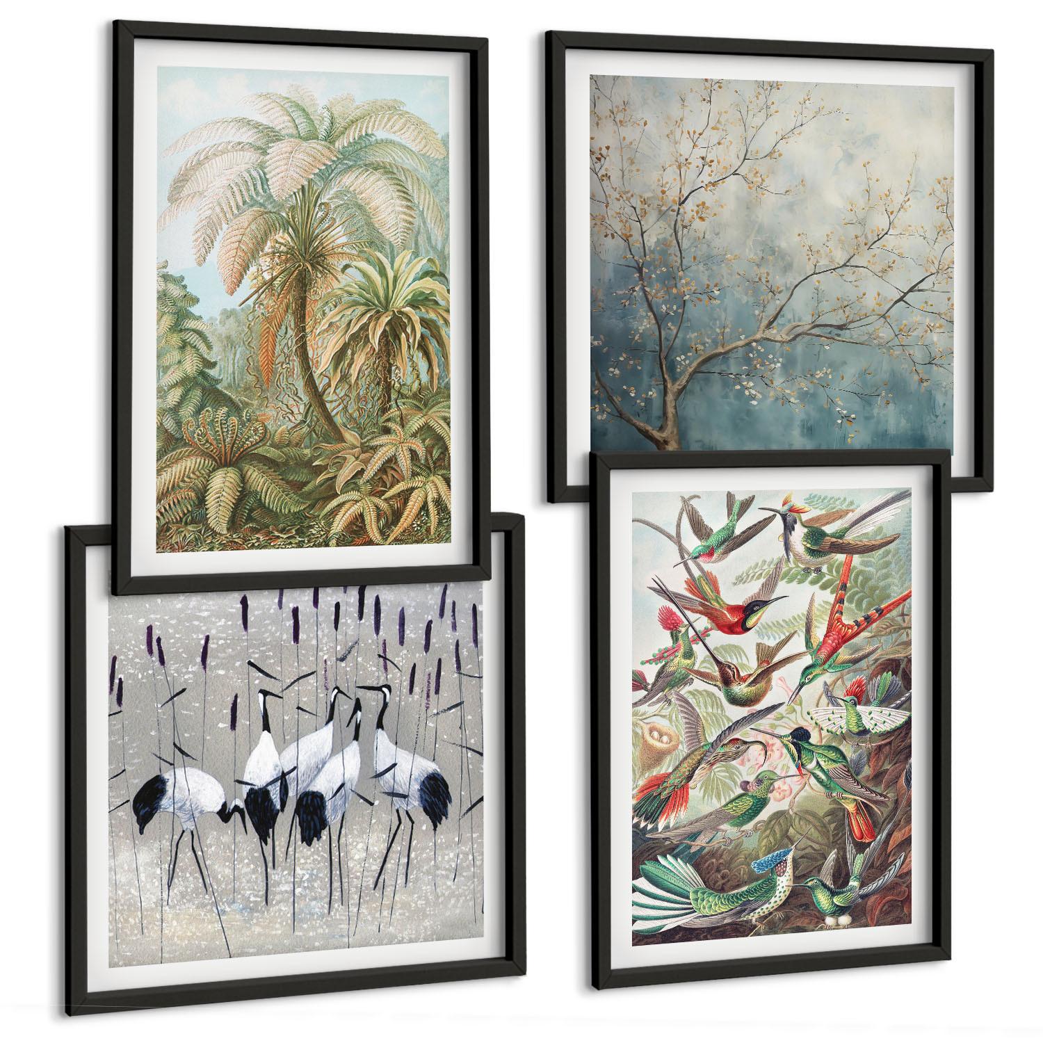 BILDER SET 4er Set - 50x50 cm & 40x60 cm Schwarzer Rahmen - Tropische Pflanzen, Vögel, Natur - Schwarz, Kunststoff (50/50cm) - TULUP