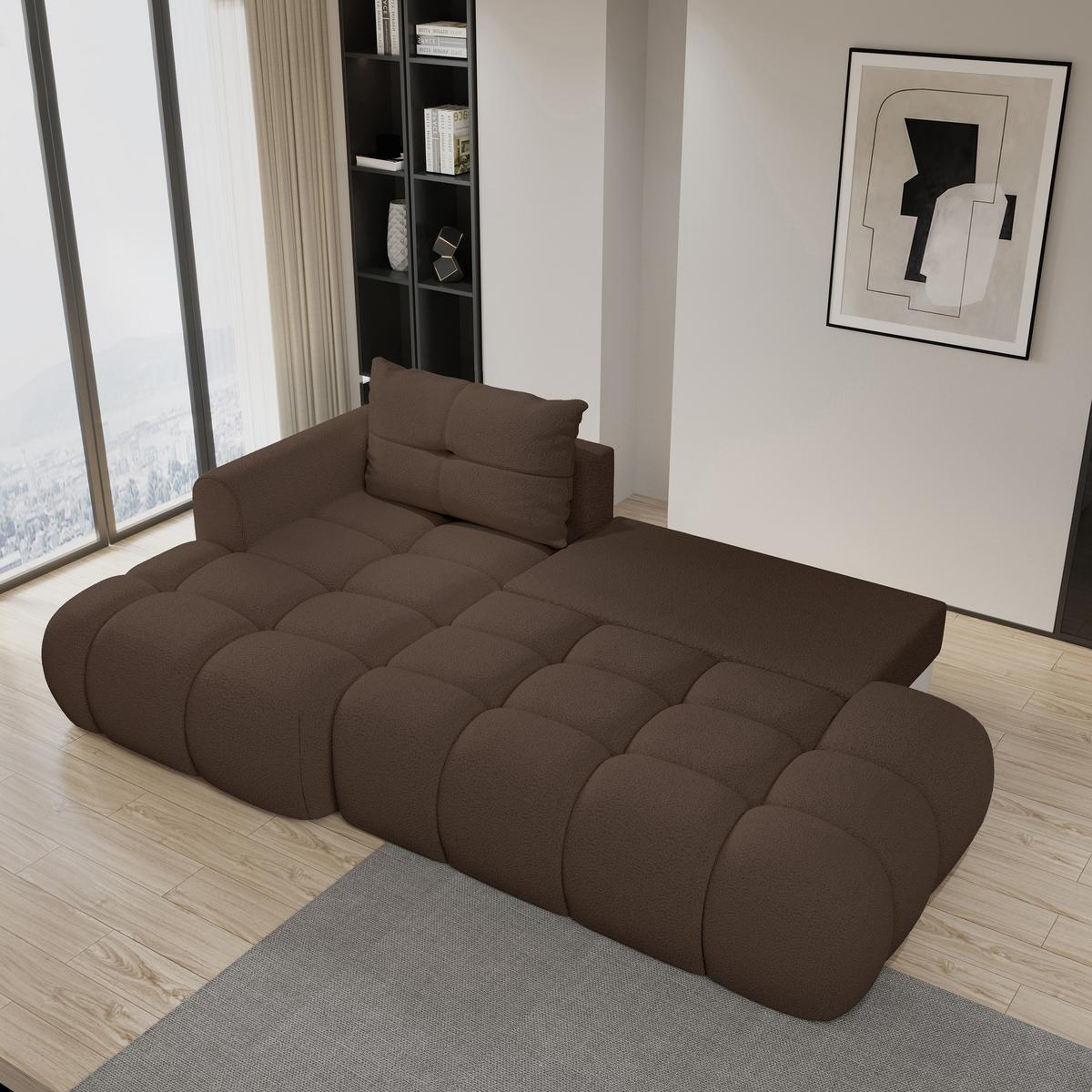 ECKSOFA FLUMA L-S Braun Boucle-Stoff mit Schlaffunktion - Braun, Holz (279/158cm) - MASSENO