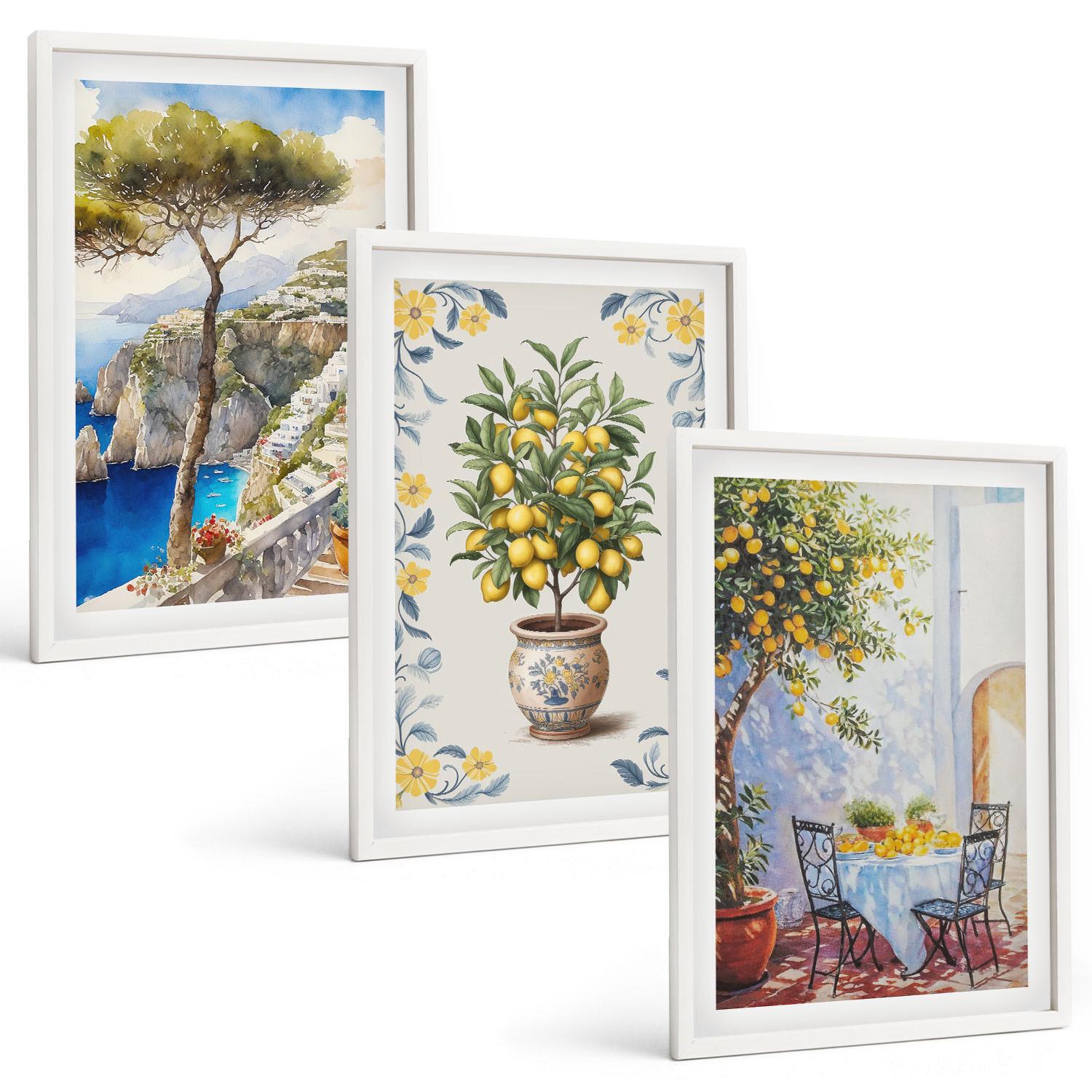 BILDER SET 3er Set - 40x60 cm Weißer Rahmen - Gemälde von Zitronenbäumen - Weiß, Kunststoff (40/60cm) - TULUP