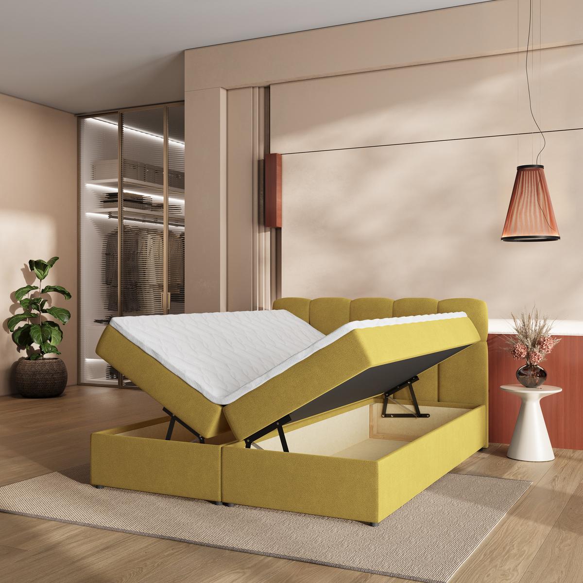 BOXBETT MERU 160x200 cm mit Matratze und Topper - Gelb - Gelb, Holz (160/200cm) - MASSENO