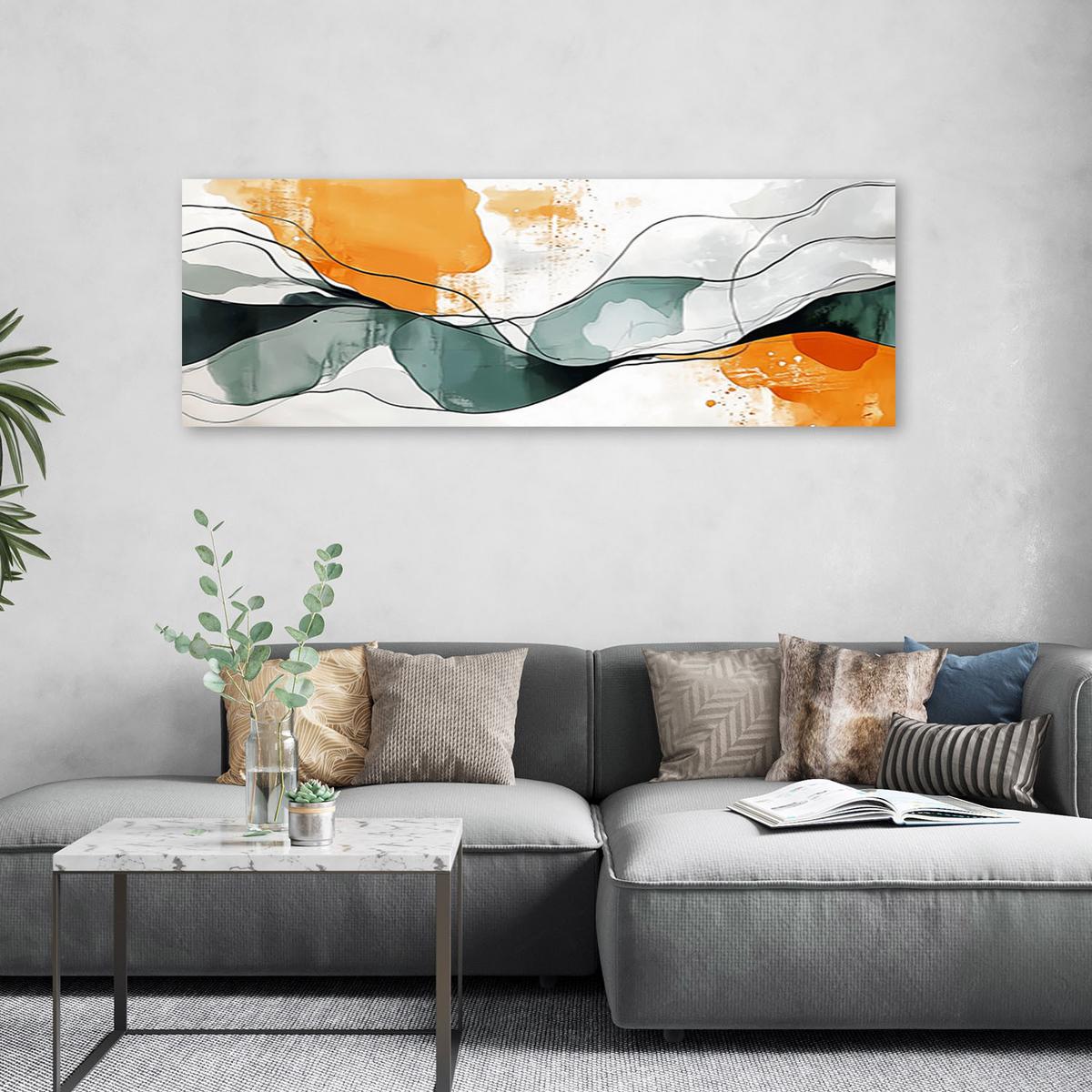 LEINWANDBILD Abstrakt Linien Flecken Orange Türkis Minimalismus 150x50cm - Orange, Textil (150/50cm) - Feeby