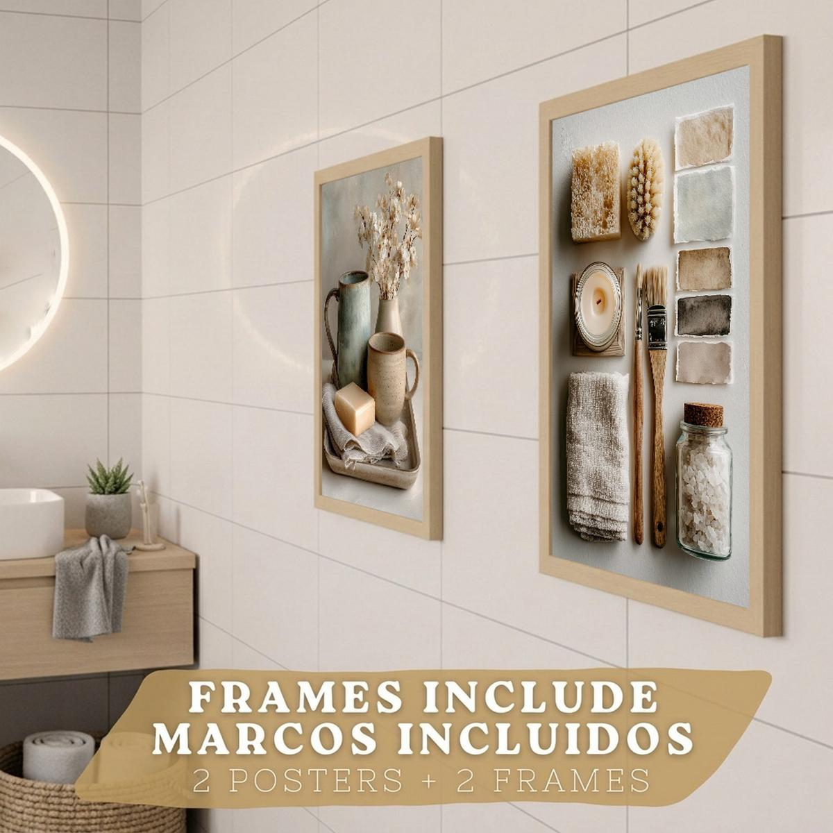 POSTER 2er-Set dekorative Badezimmer-Wandbilder und für Waschbecken, Dusche, WC mit Seifen, Tassen, Blumen künstlerischer Leichter Holzrahmen A4 - Beige, Papier (29.7/21/3cm) - Nacnic
