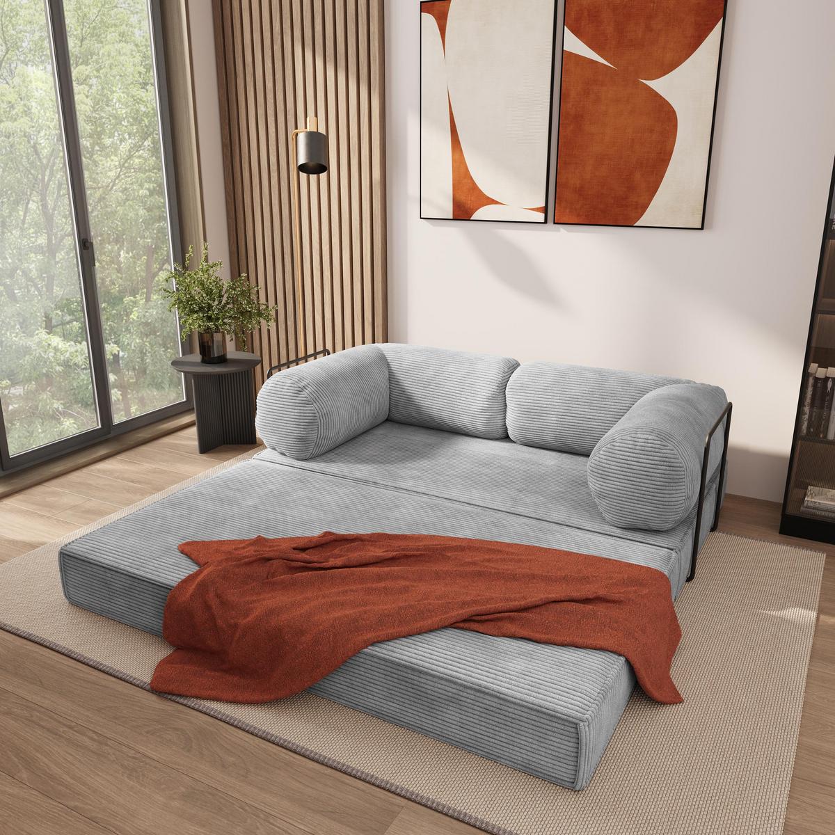 BETTSOFA ALVIO aus Schaumstoff Kordstoff Hellgrau Schlaffunktion - Hellgrau, Textil (170/68/80cm) - MASSENO
