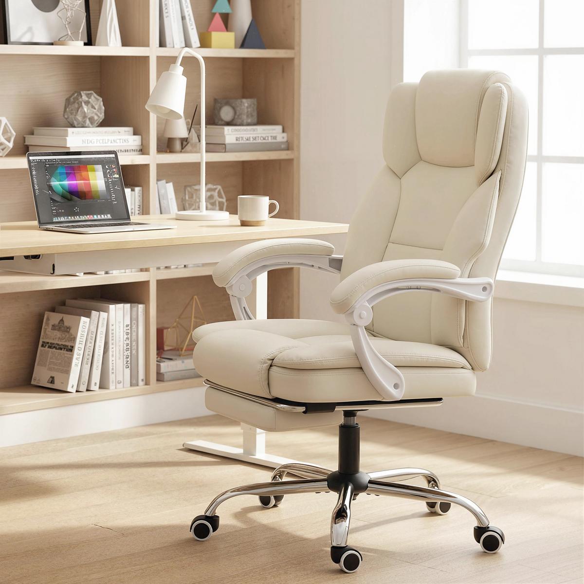 BÜROSTUHL mit Liegefunktion, höhenverstellbar Drehstuhl mit Fußstütze Beige - Beige/Silberfarben, Holzwerkstoff/Kunststoff (64/120/73cm) - HOMCOM