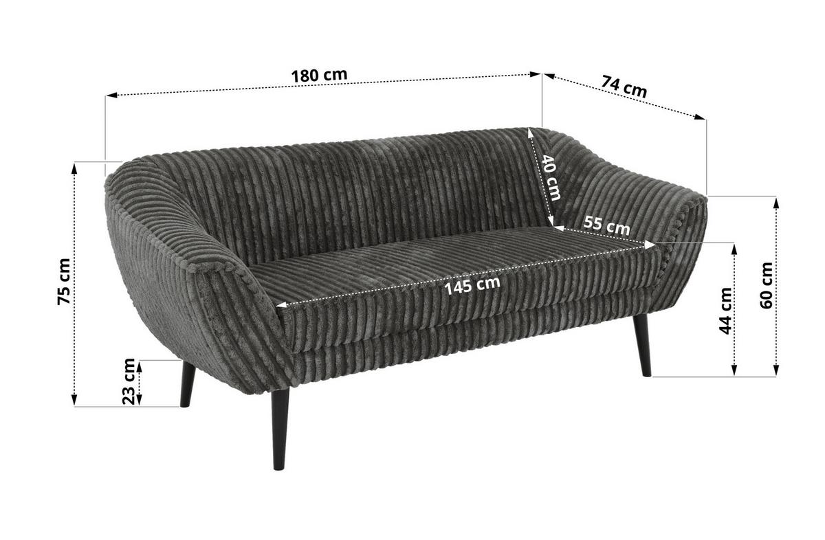 3-SITZER-SOFA PIRS - Grau Cord - Schwarze Beine - Schwarz/Grau, Holzwerkstoff/Textil (180/75/74cm) - MKS