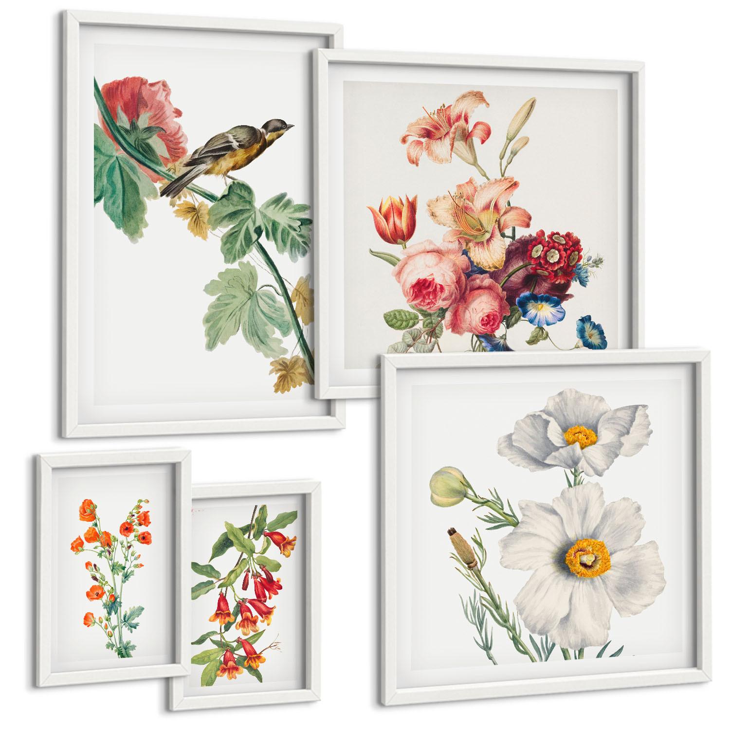 BILDER SET 5er Set - 50x50 cm & 20x30 cm & 40x60 cm Weißer Rahmen - Gemalte Blumen, Retro-Vogel - Weiß, Kunststoff (40/60cm) - TULUP